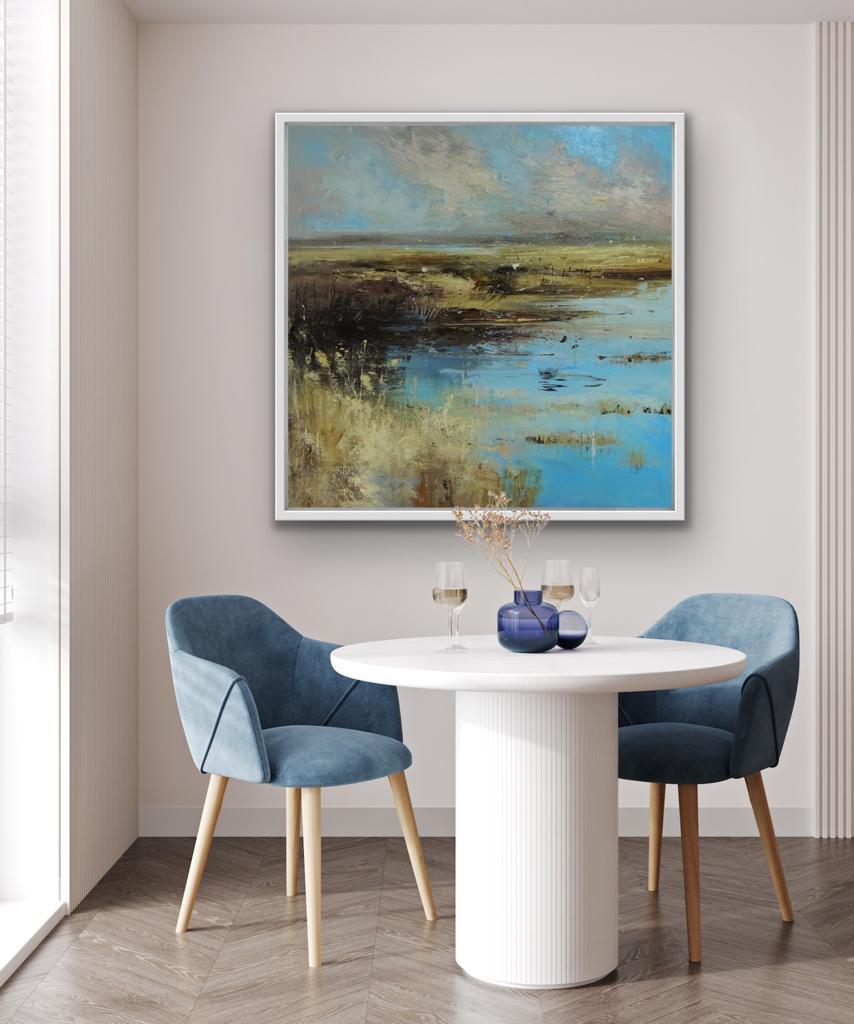 Marshland Against the Elements, Blue Landscape Painting, Semi Abstract Art For Sale 6