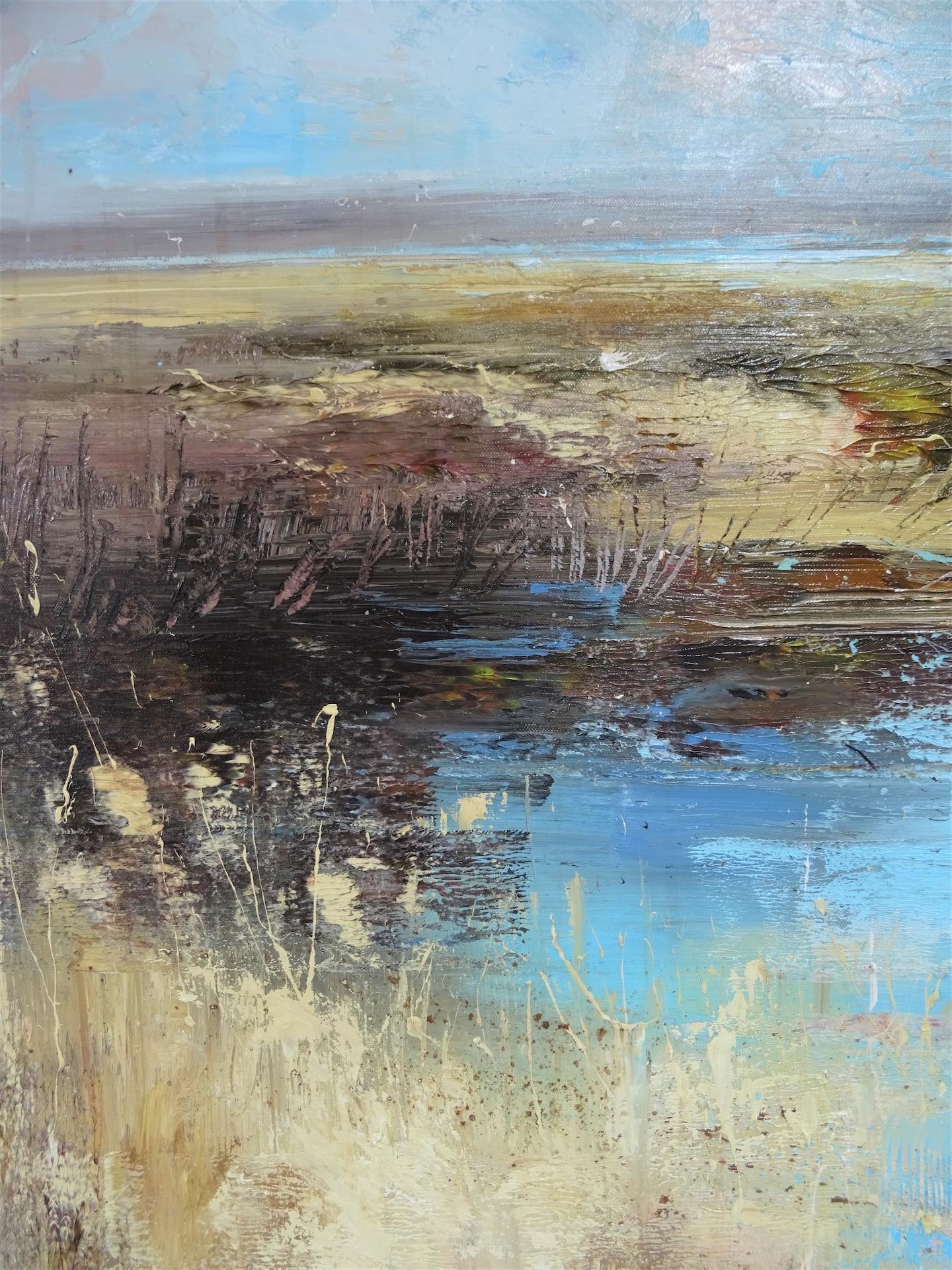 Marshland Against the Elements, Blue Landscape Painting, Semi Abstract Art For Sale 3