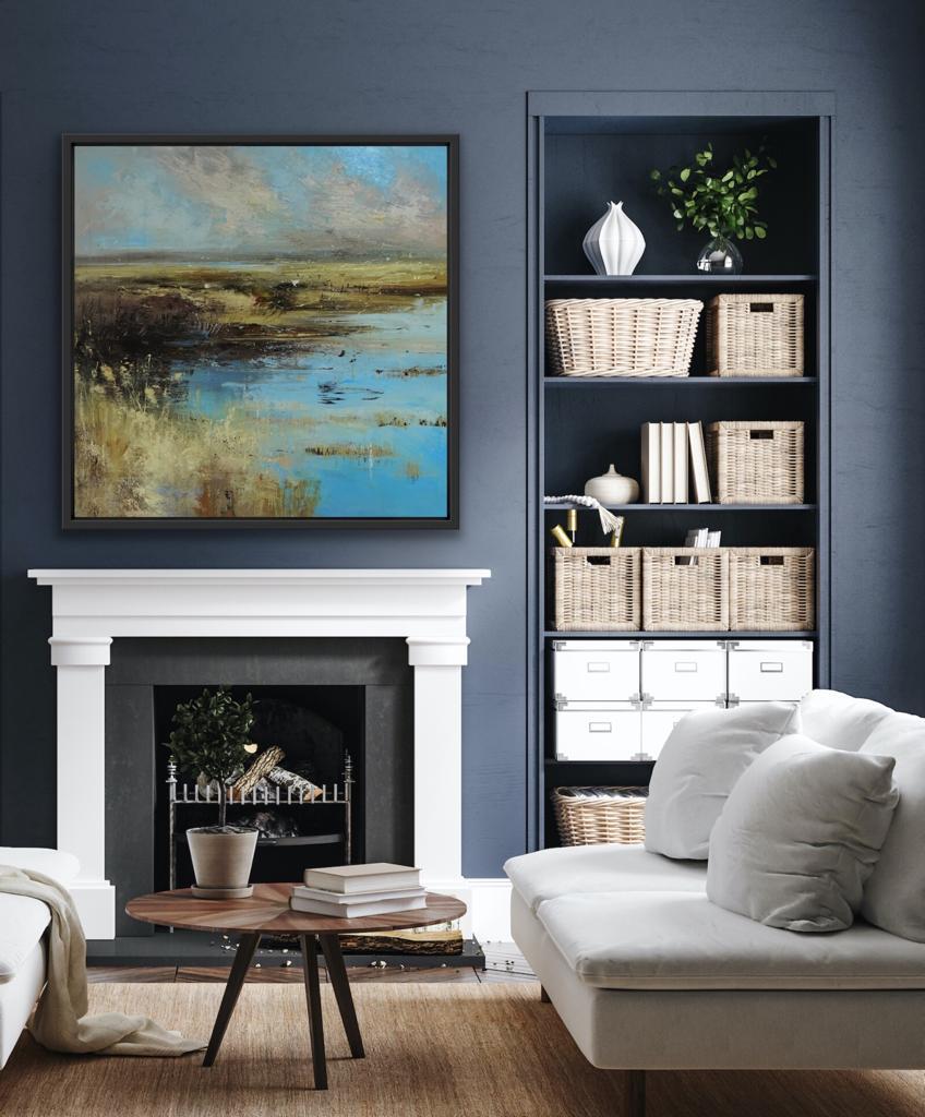 Marshland Against the Elements, Blue Landscape Painting, Semi Abstract Art For Sale 5