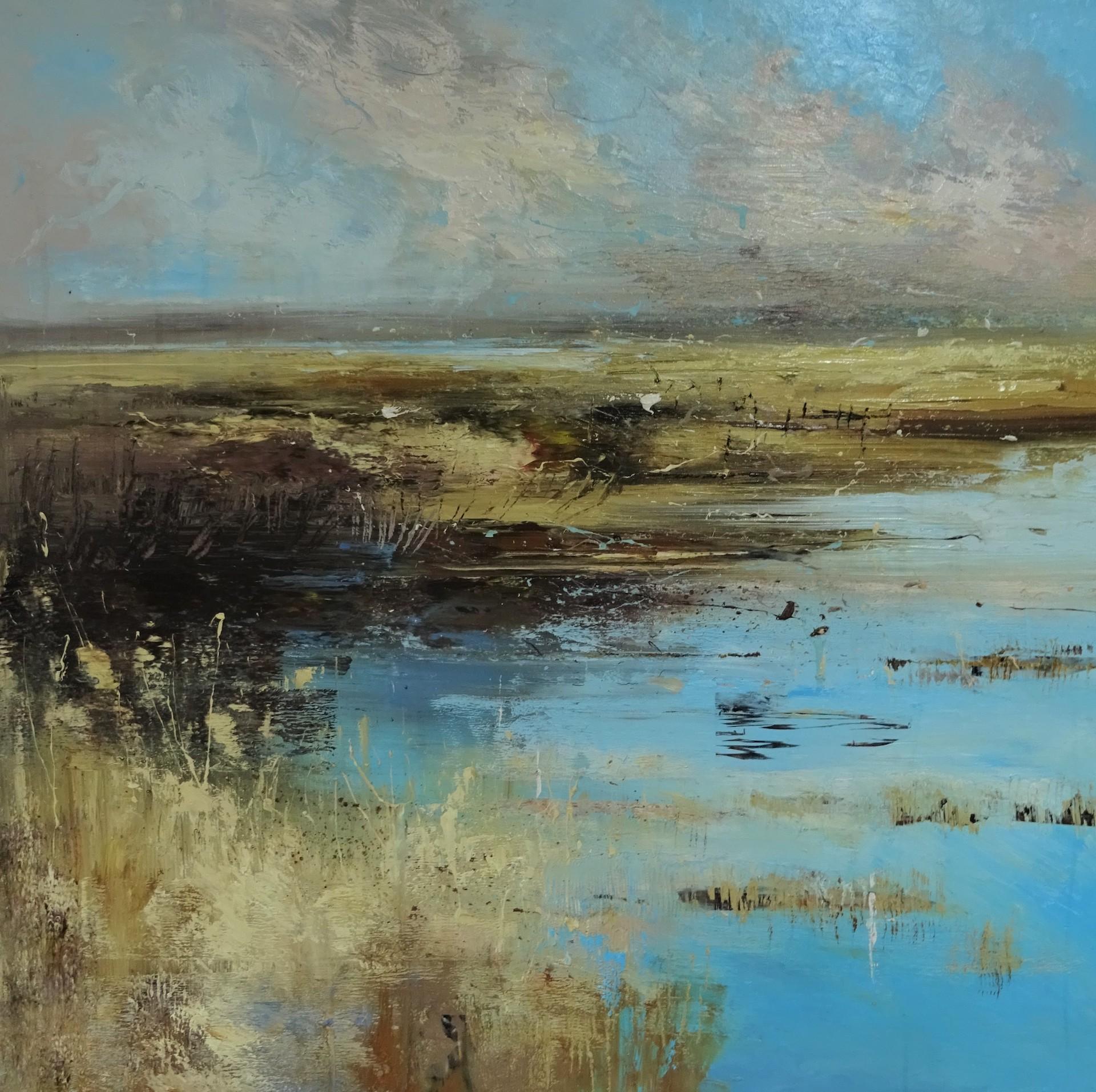 Claire Wiltsher Abstract Painting - Marshland Against the Elements, Blue Landscape Painting, Semi Abstract Art