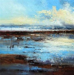Marshland – zeitgenössisches abstraktes Ölgemälde mit blauen Himmelwolken, Landschaft