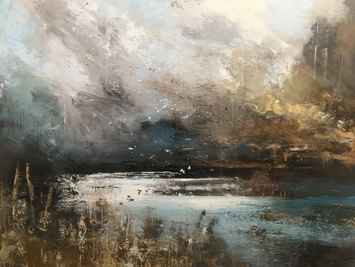 Claire Wiltsher Landscape Painting - Weathered - contemporary abstract landscape stormy weather oil painting