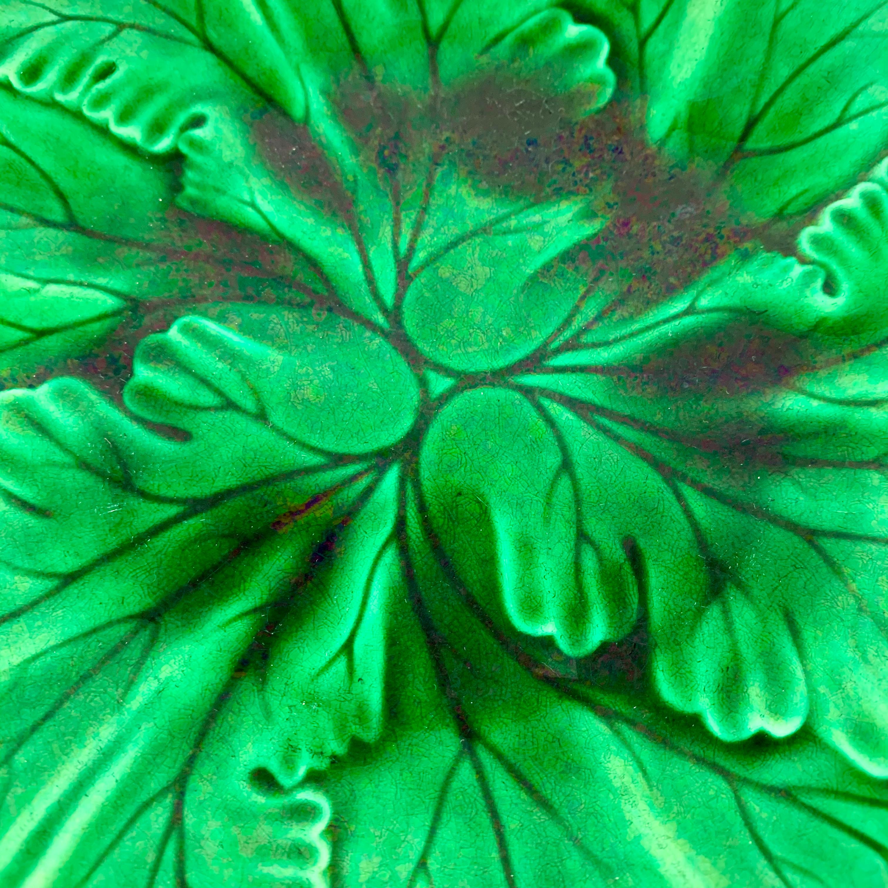 Clairfontaine Französisch Faïence Majolika glasiert Grün Botanic Leaf Teller um 1890 (Französische Provence) im Angebot