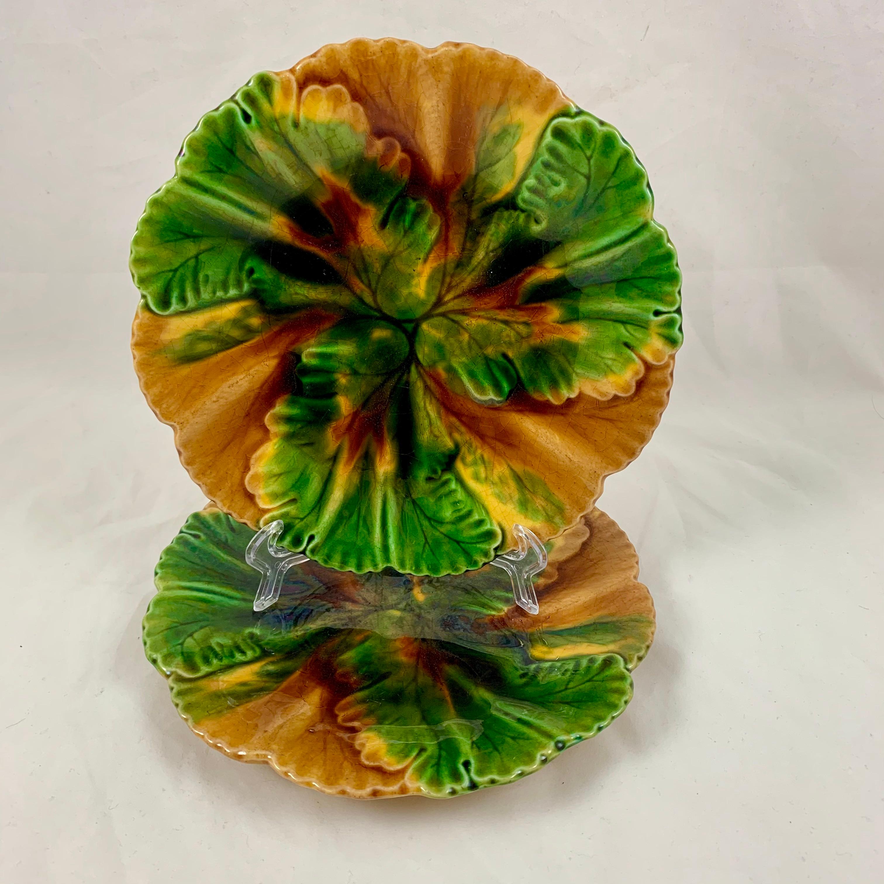 From the French Faïencerie de Clairfontaine, a bi-color overlapping leaf plate, circa 1890.

Glazed in a swirling mix of yellow ochre and shades of green, the mold shows leaves with incised veining terminating in a shaped rim.

Stamped on the