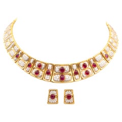 Clairs-A Ruby and Diamond 18k Yellow Gold Necklace and Stud Earrings SET