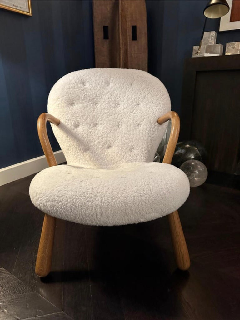clam' chair Arnold Madsen style oak and lambskin Sweden 1990s For
