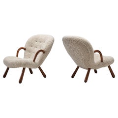 Vintage “Clam" Chairs in Sheepskin by Arnold Madsen for Madsen & Schubell, Denmark 1944