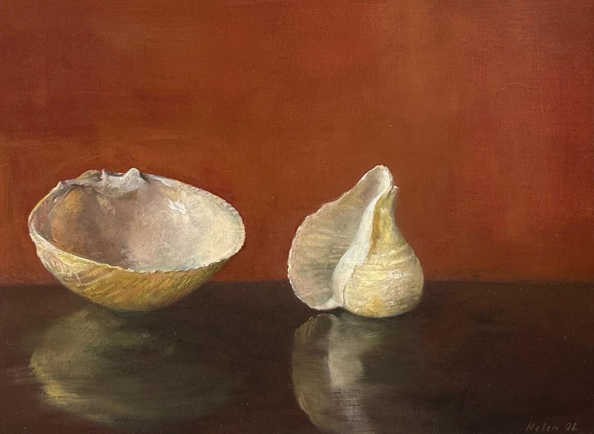 The two shells, a clam shell and an onion shell, are beautiful in their simplicity in this still life by Helen Oh. The rich hues of the shell's mother of pearl surfaces are reflected on the deep saturated color of the table on which they are placed.