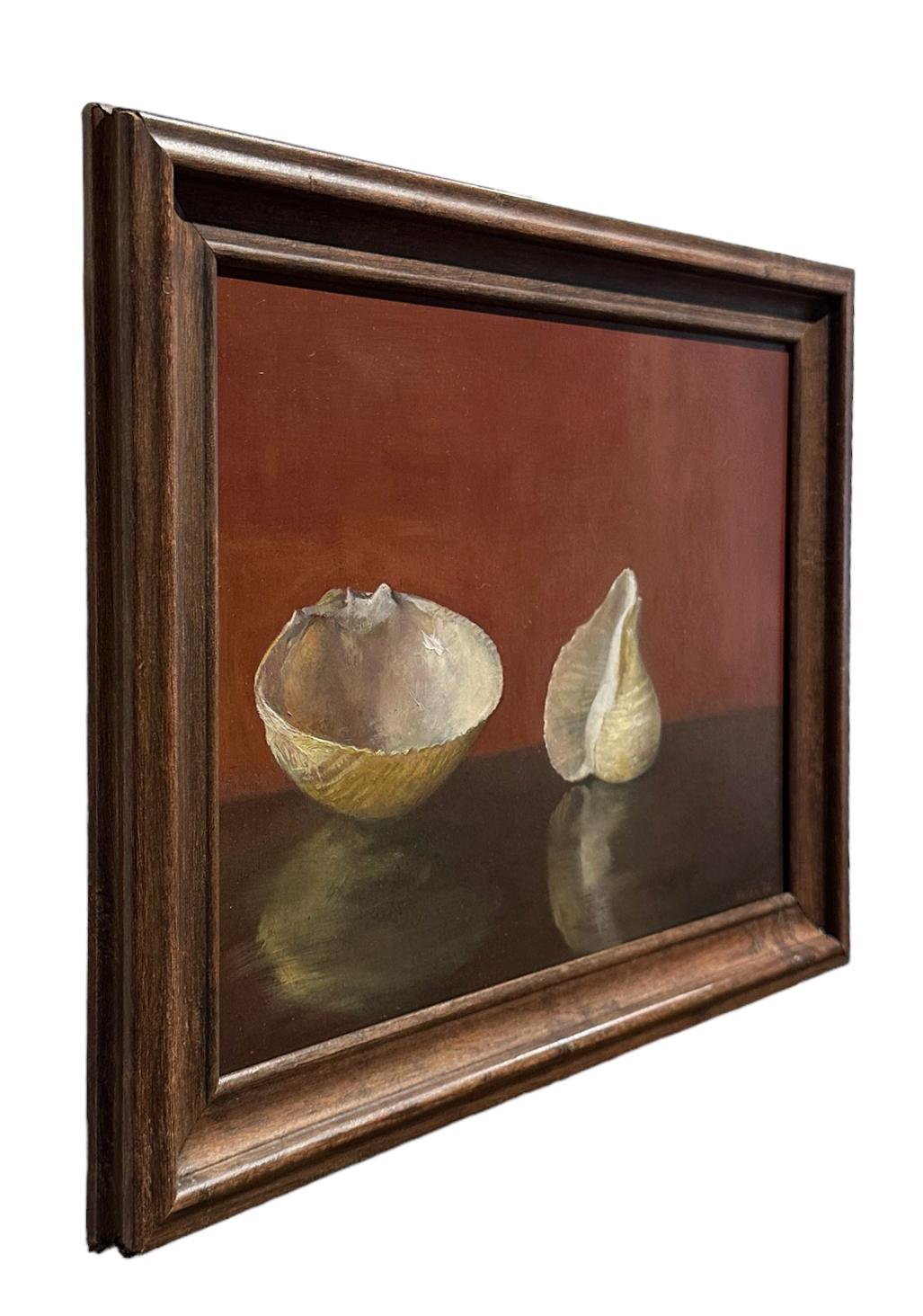 Modern Clam Shell and Onion Shell, Oil on Panel Still Life Painting with Two Sea Shells