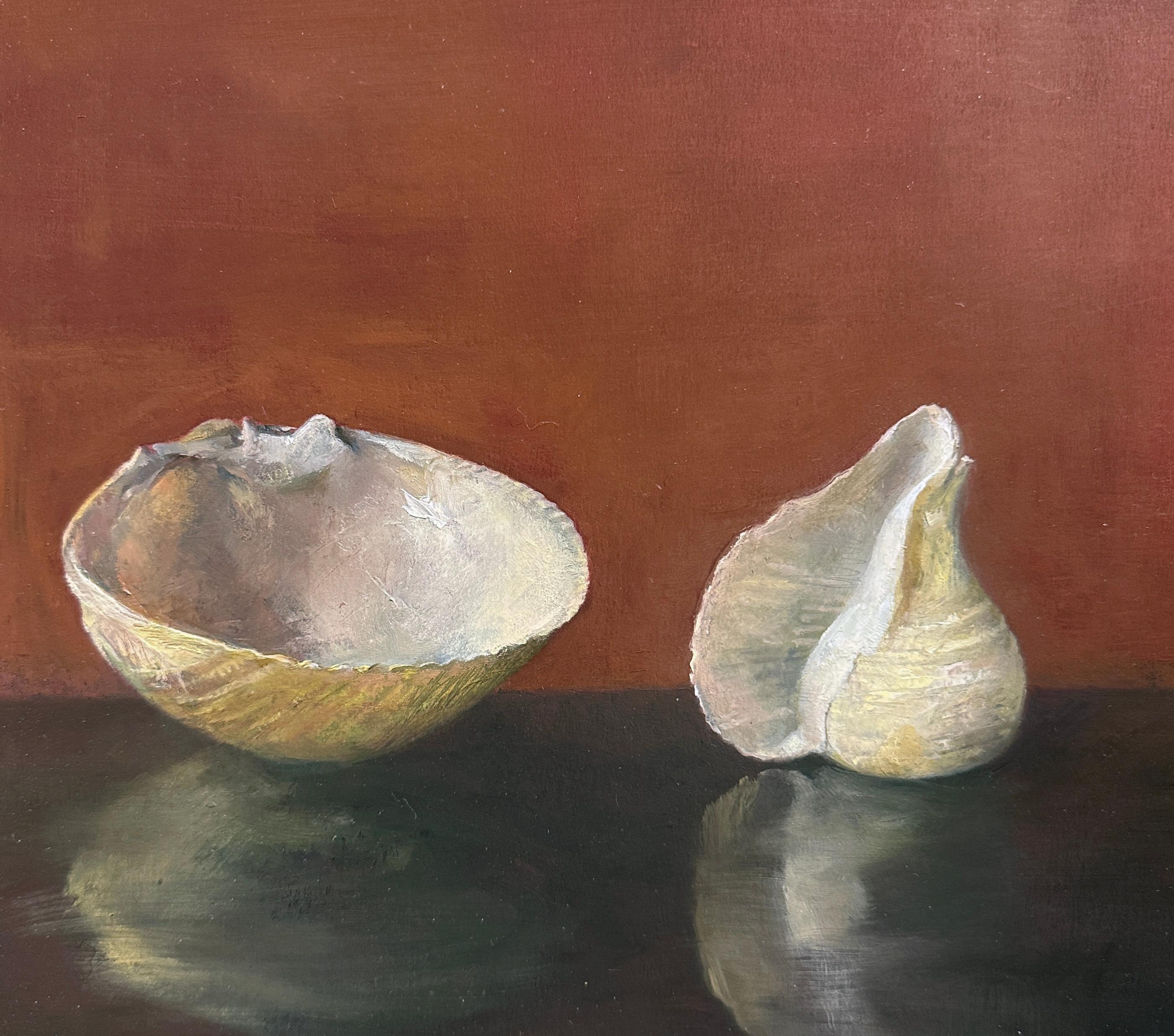American Clam Shell and Onion Shell, Oil on Panel Still Life Painting with Two Sea Shells