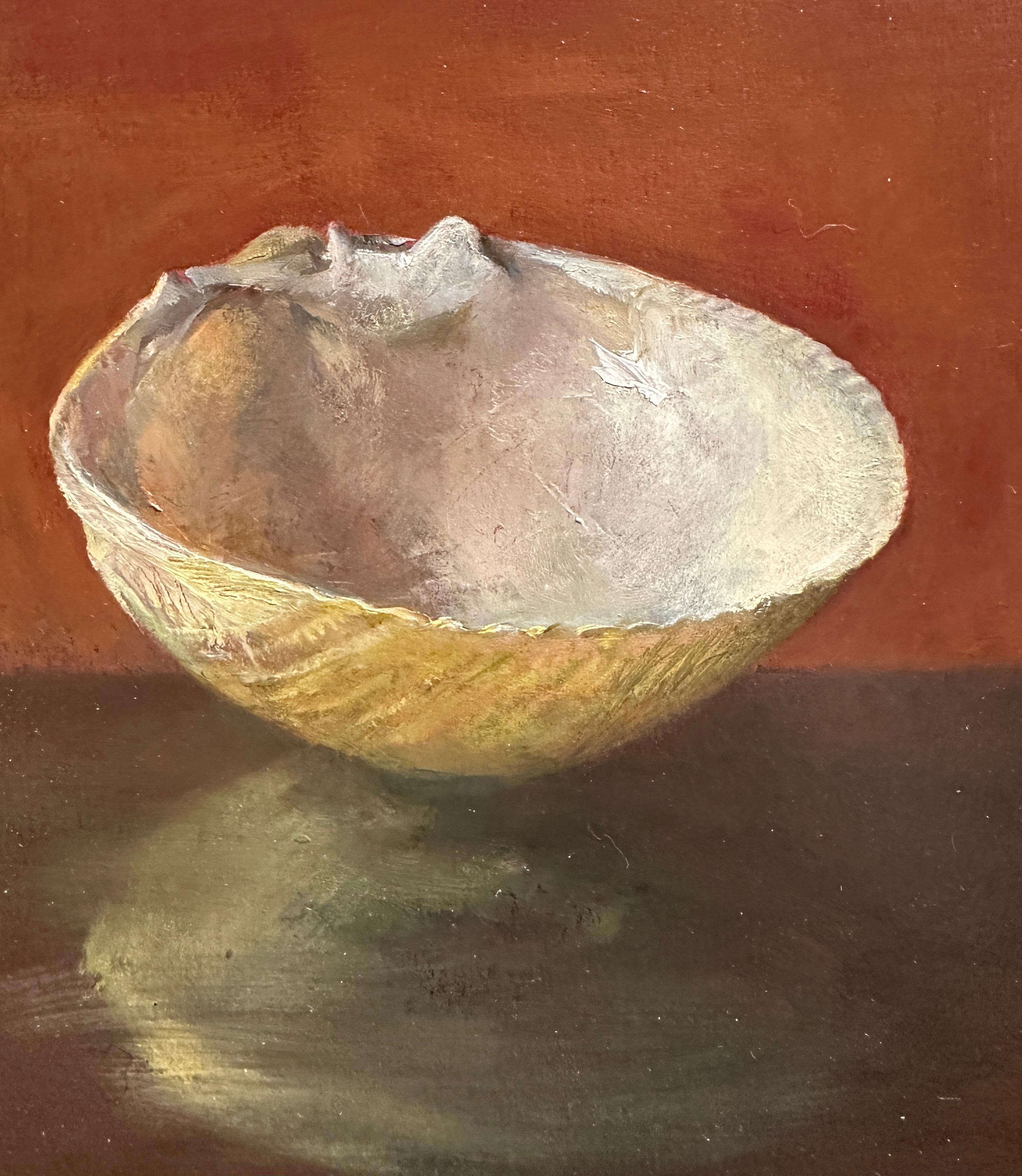 Hand-Painted Clam Shell and Onion Shell, Oil on Panel Still Life Painting with Two Sea Shells