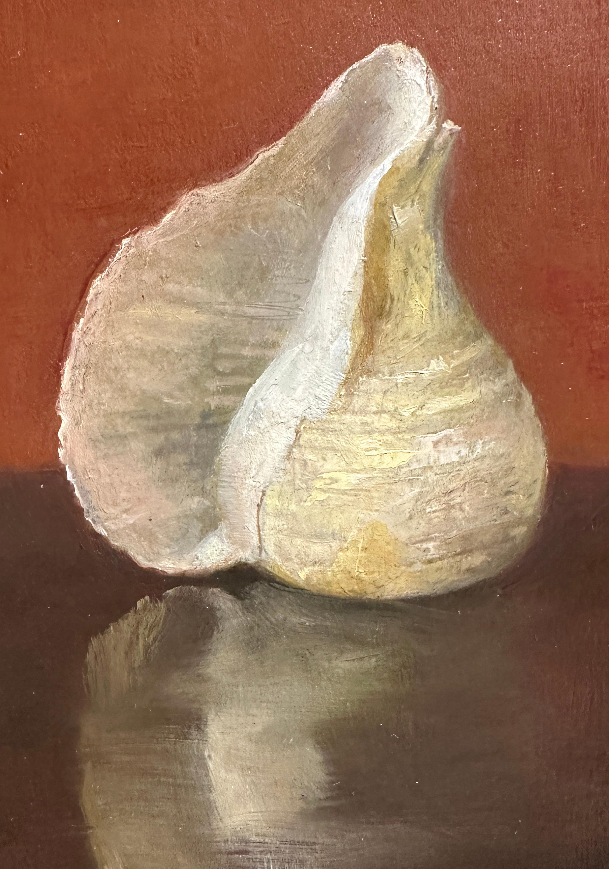 Contemporary Clam Shell and Onion Shell, Oil on Panel Still Life Painting with Two Sea Shells