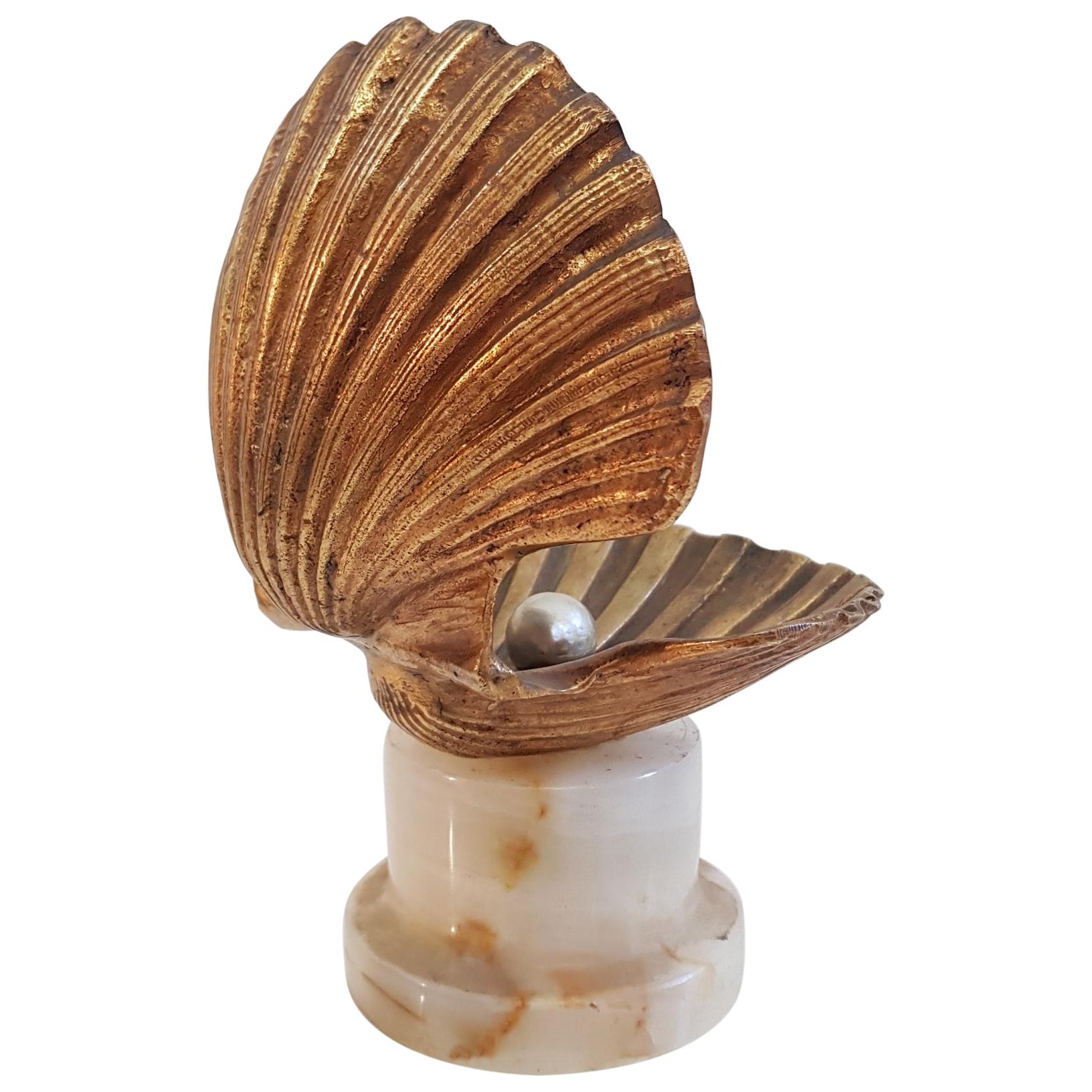 Clam Shell Bronze Sculpture with Pearl