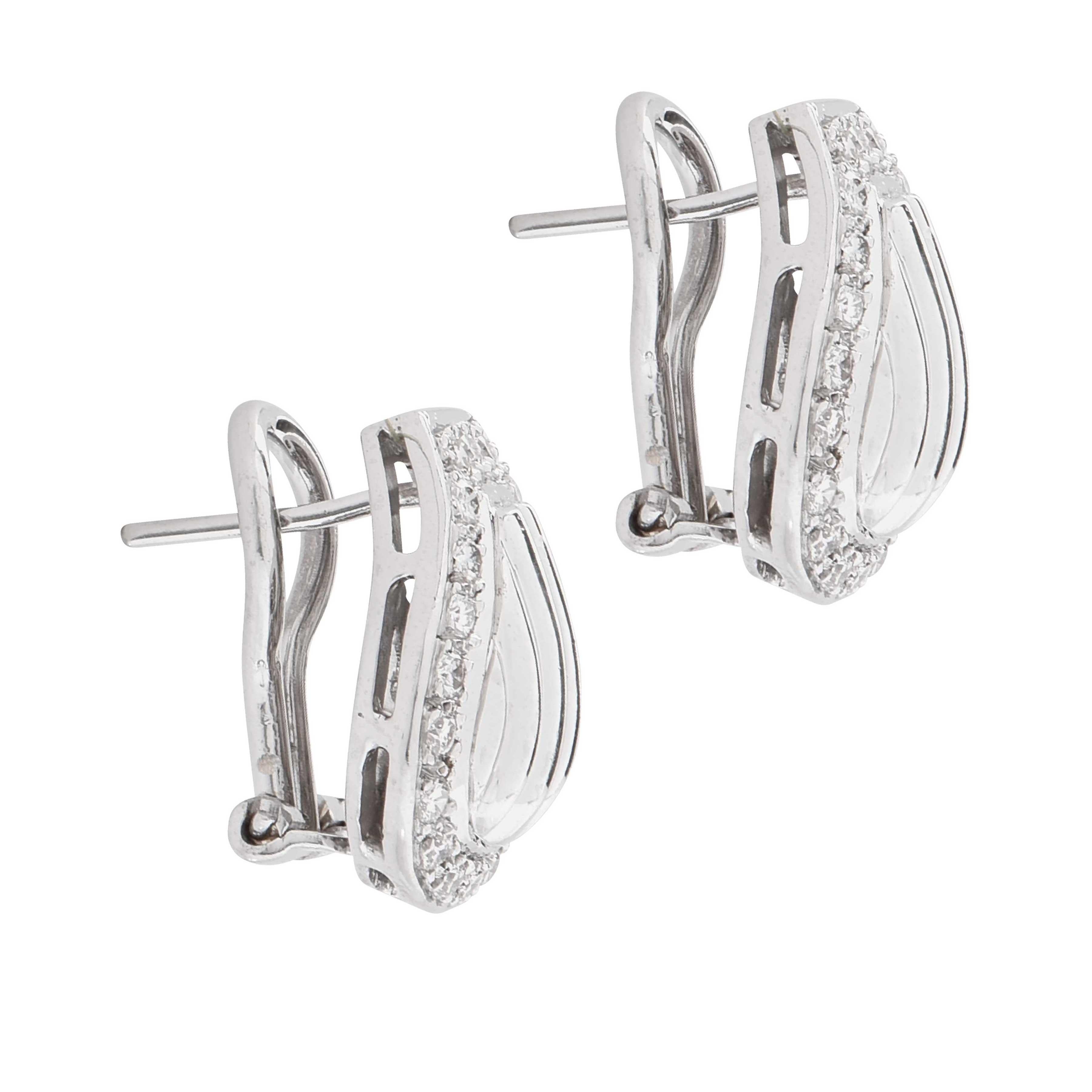 Round Cut Clam Shell Motif Diamond Clip 18 Karat White Gold Earrings For Sale