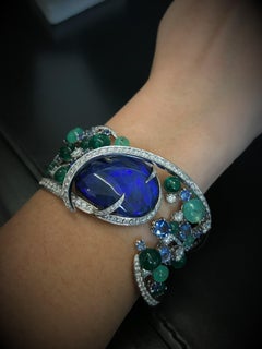 Clamper Bracelet Drop Cabochon Cut Iridescent Blue Opal Emeralds Beads