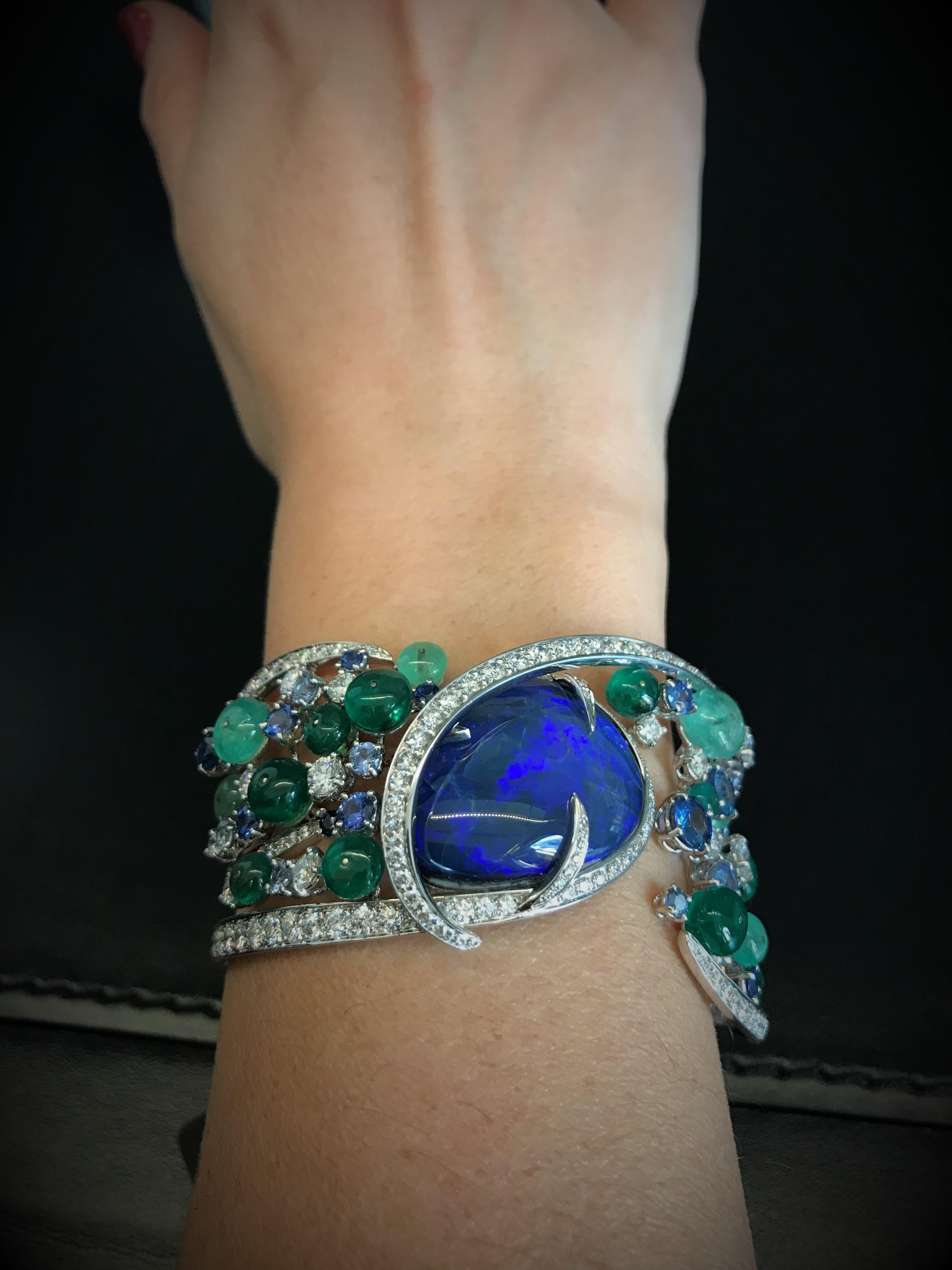 Contemporary Clamper Bracelet Drop Cabochon Cut Iridescent Blue Opal Emeralds Beads For Sale