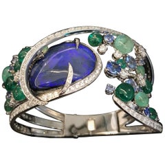 Clamper Bracelet Drop Cabochon Cut Iridescent Blue Opal Emeralds Beads