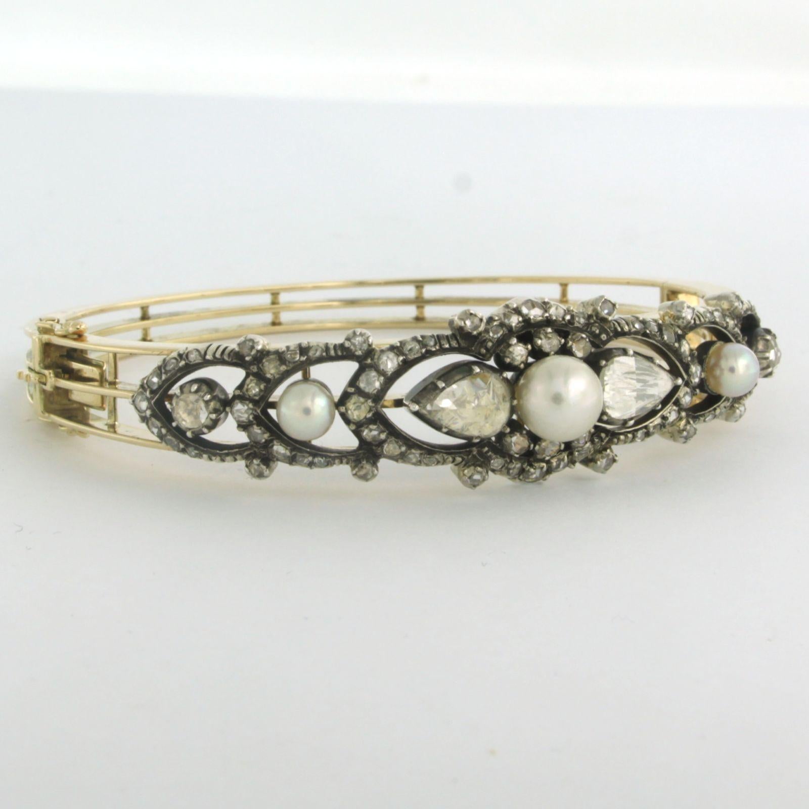 Early Victorian Clamper Bracelet set with pearls and diamonds 14k yellow gold and silver For Sale
