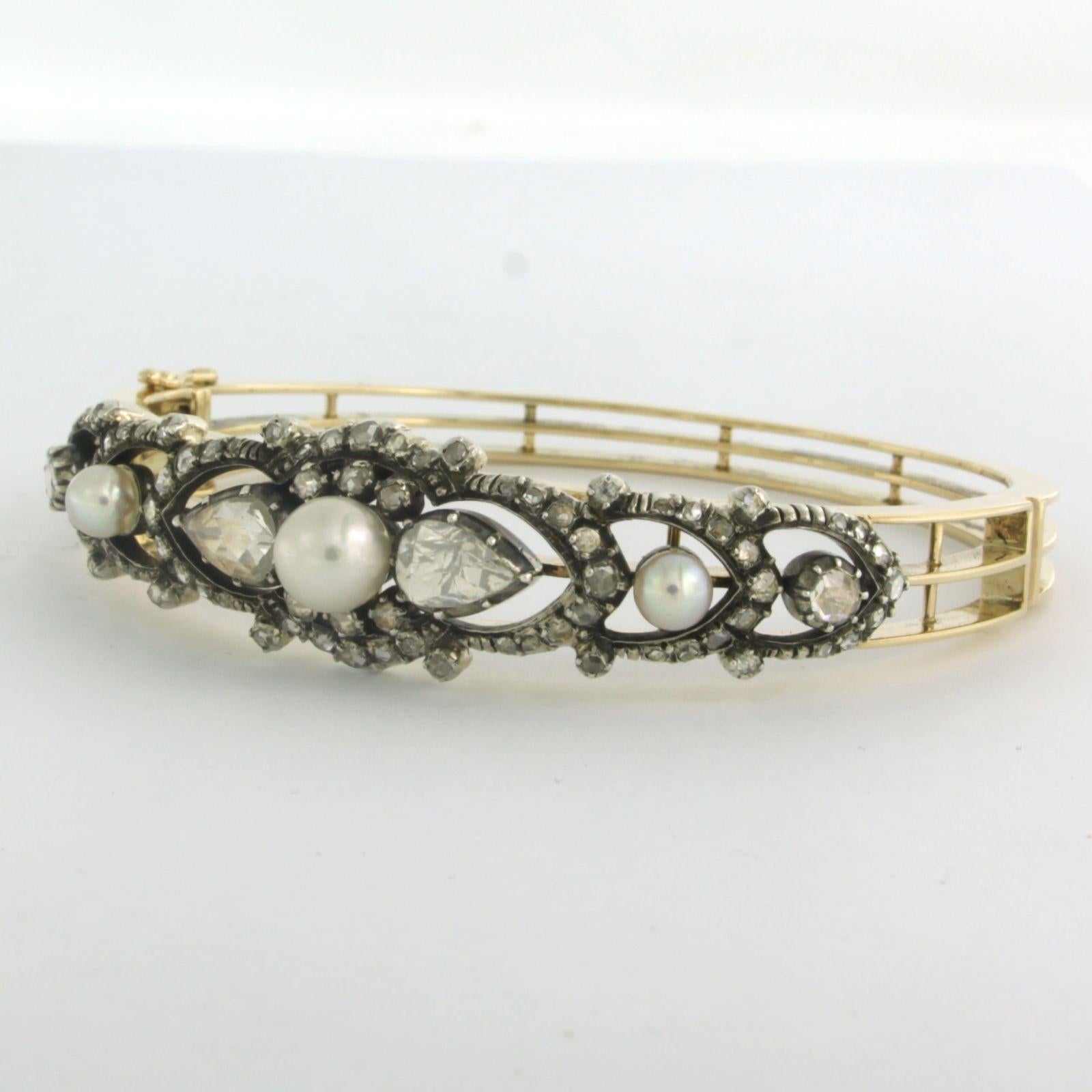 Rose Cut Clamper Bracelet set with pearls and diamonds 14k yellow gold and silver For Sale