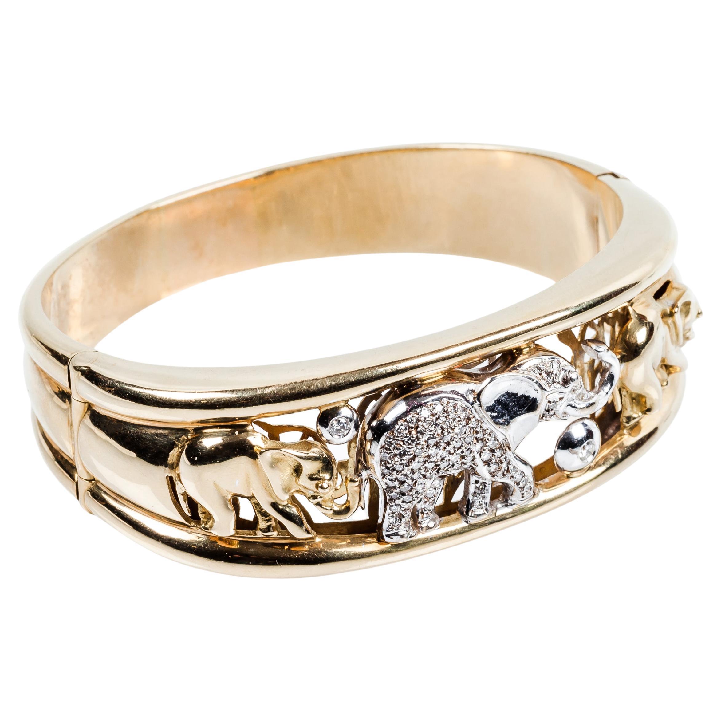 Clampler 18k Gold drei Elefanten mit  Armband mit Diamantenpavé  im Angebot