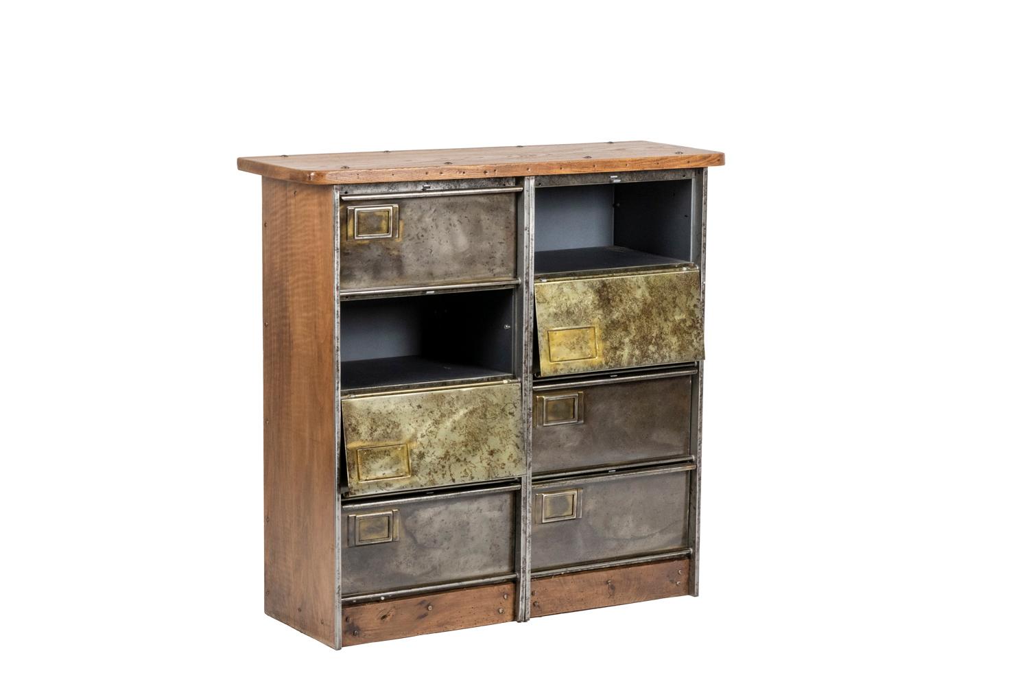 Industrial style metal flap filing cabinet opening with eight drawers, rectangular in shape, set in a tray of blond oak panels, the flaps opening horizontally. Location to insert labels on each drawer, rectangular in shape.

French work realzied