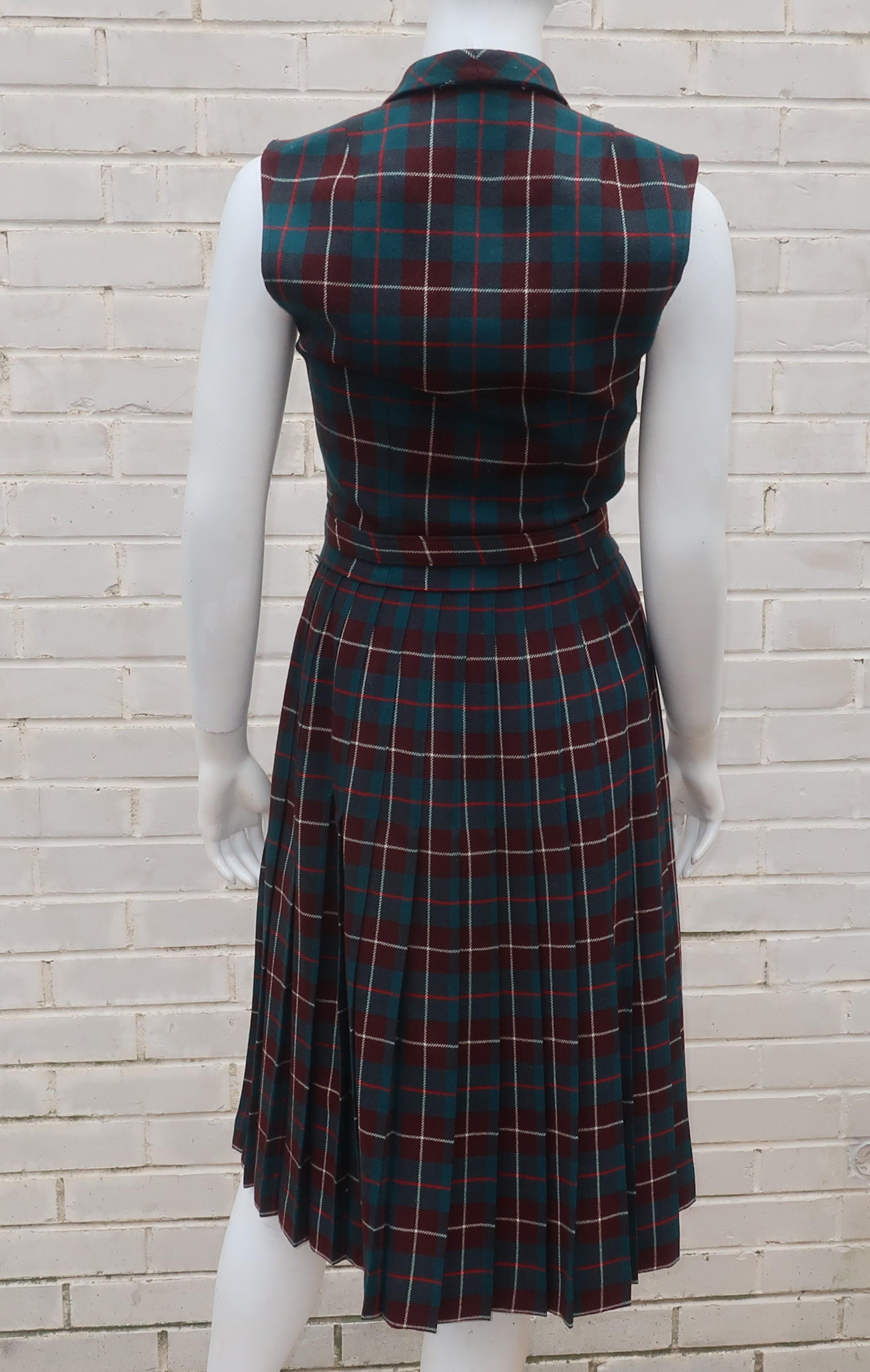 Black Clans of Scotland Wool Plaid Vest & Kilt Dress, 1950's