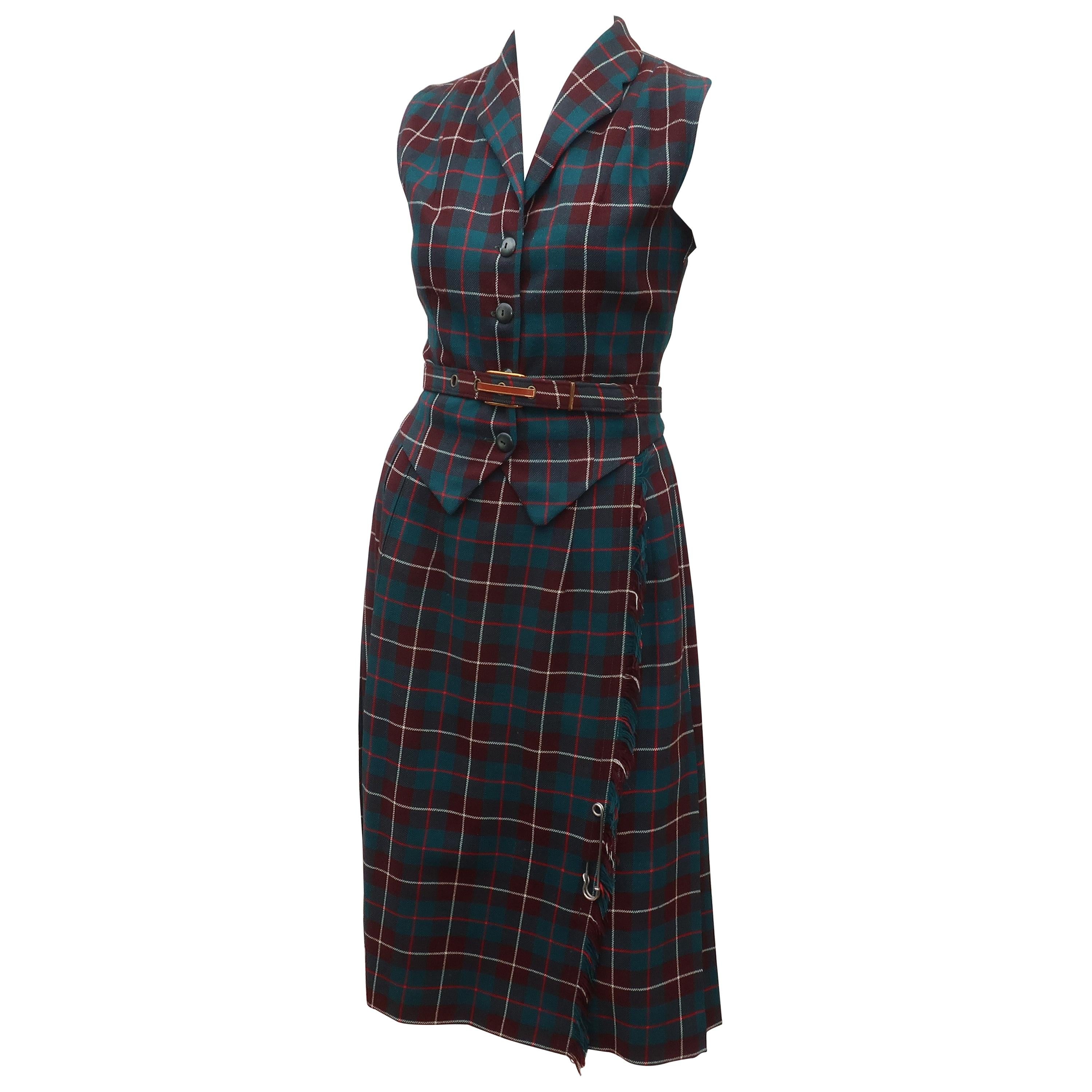 Clans of Scotland Wool Plaid Vest & Kilt Dress, 1950's