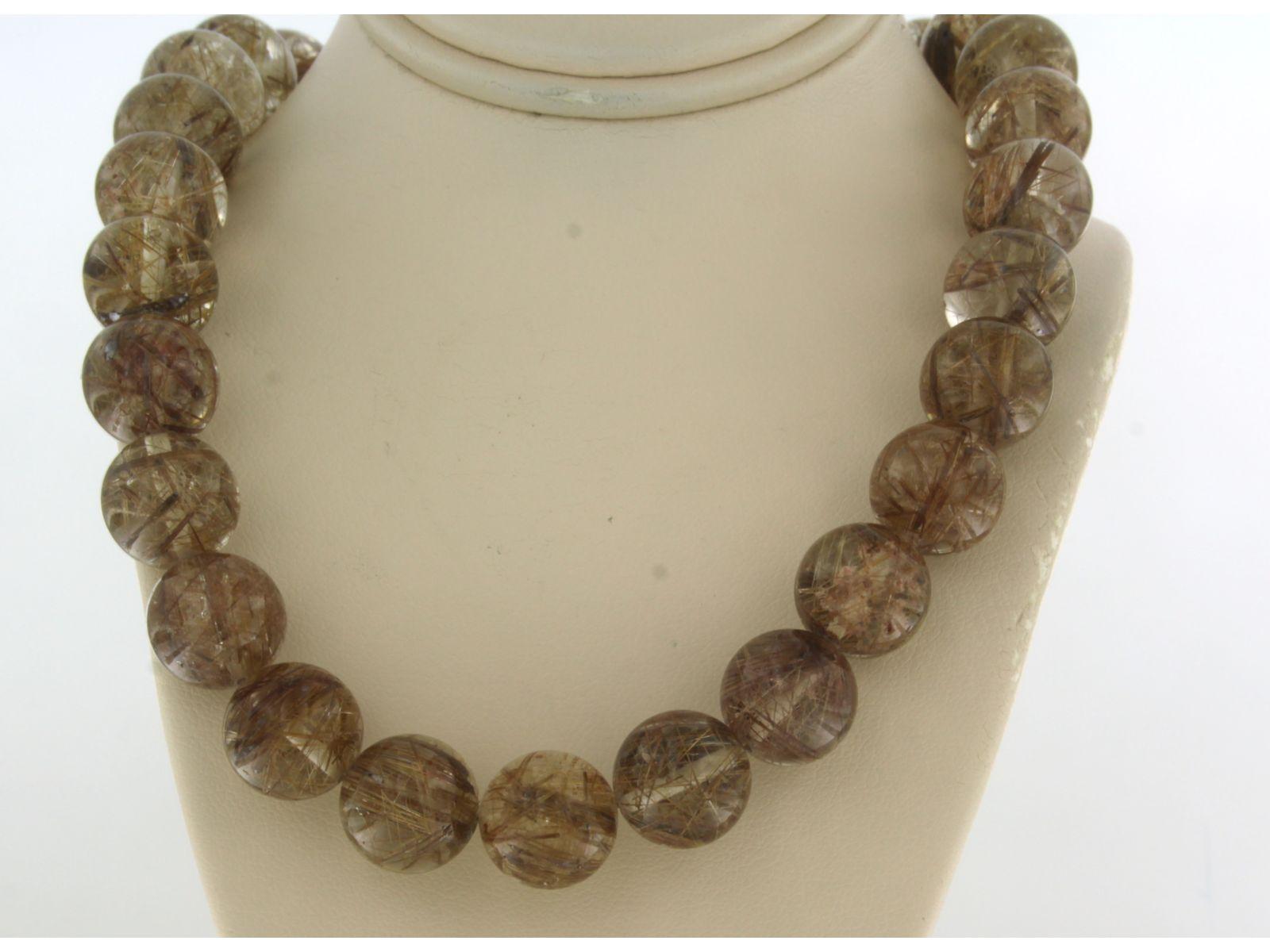 Women's Claps with diamonds on a rock crystal rutile inclusions bead necklace 18k gold For Sale