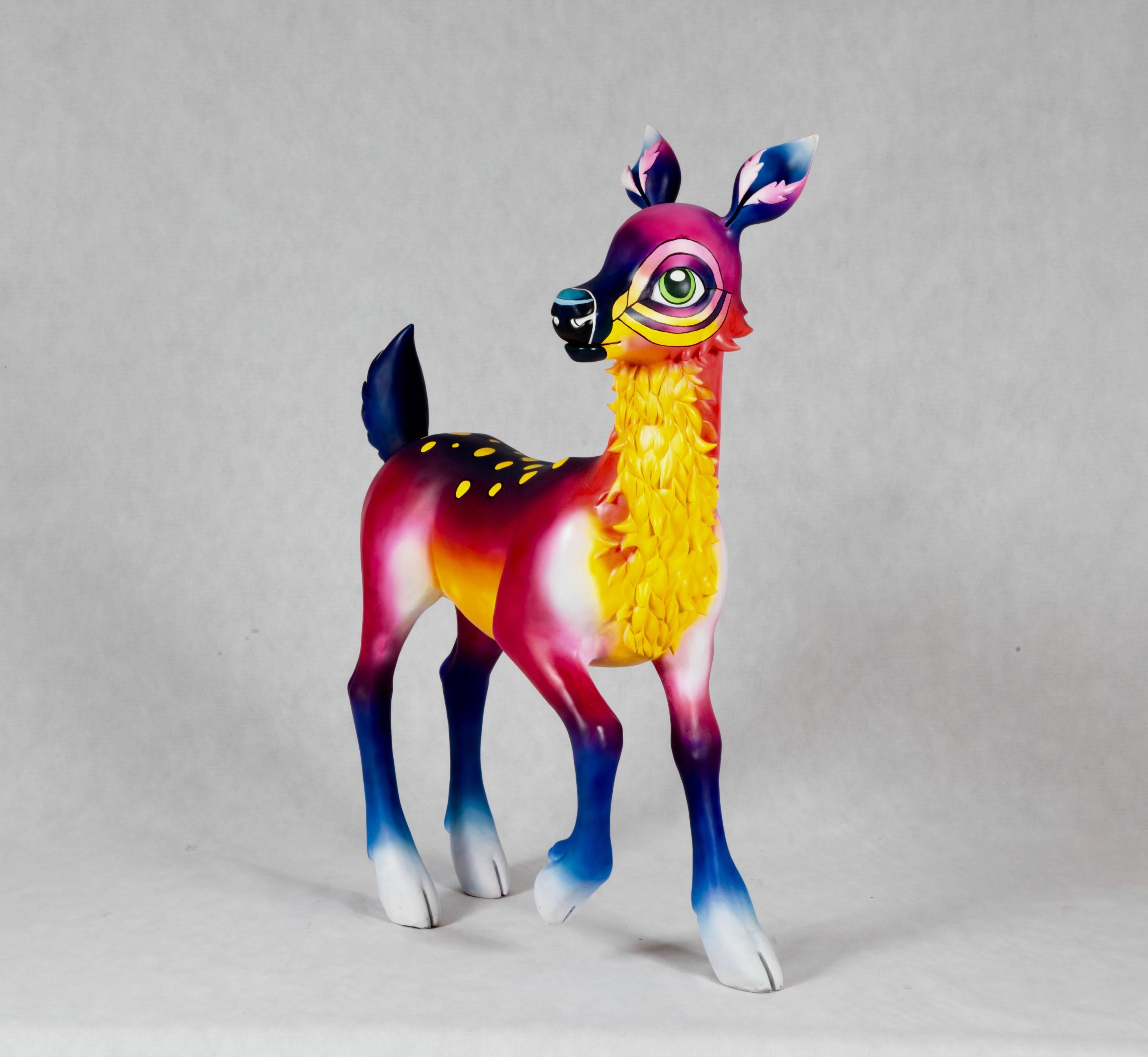 A fibreglass resin sculpture made by 3D model maker Sally Charlton and artist Clara Bacou. Sculpted in wet clay, moulded in a silicone, fibreglass jacket mould and cast in fibreglass resin. It is a 3D rendition of the anthropomorphic deer character