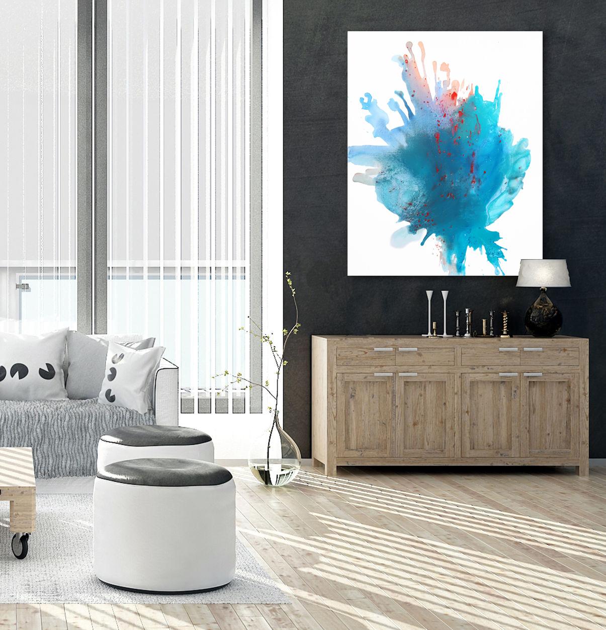 Blossom - Grande paesaggio acquatico blu arancione Minimalista Splash Pittura astratta - Painting di Clara Berta