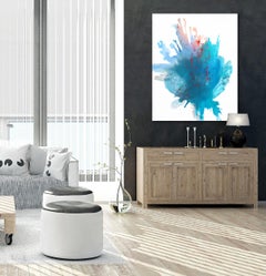 Blossom - Große blau-orangefarbene Wasserlandschaft Minimalistisches abstraktes Gemälde mit Spritzer