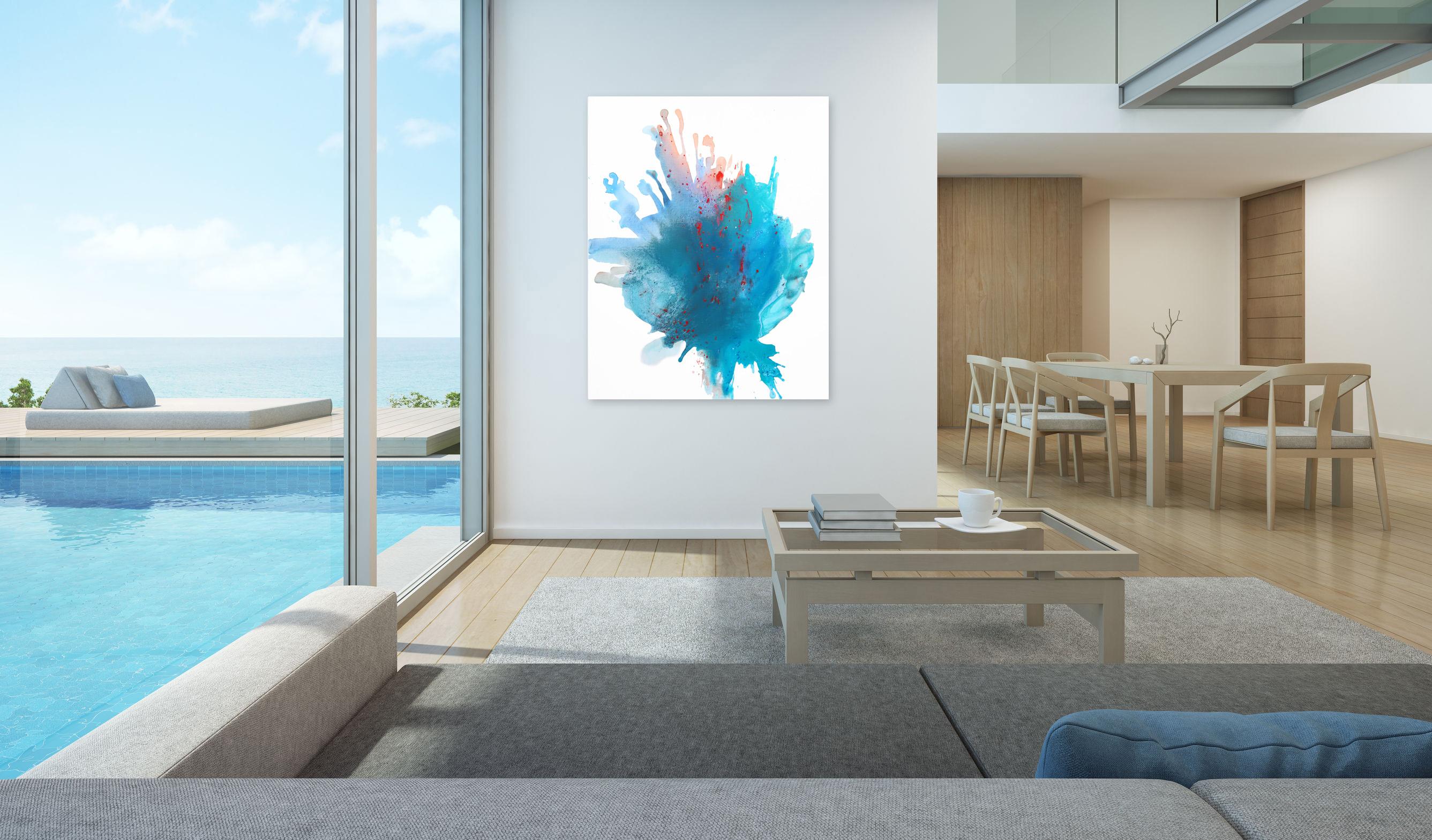 Blossom - Grande paesaggio acquatico blu arancione Minimalista Splash Pittura astratta in vendita 1