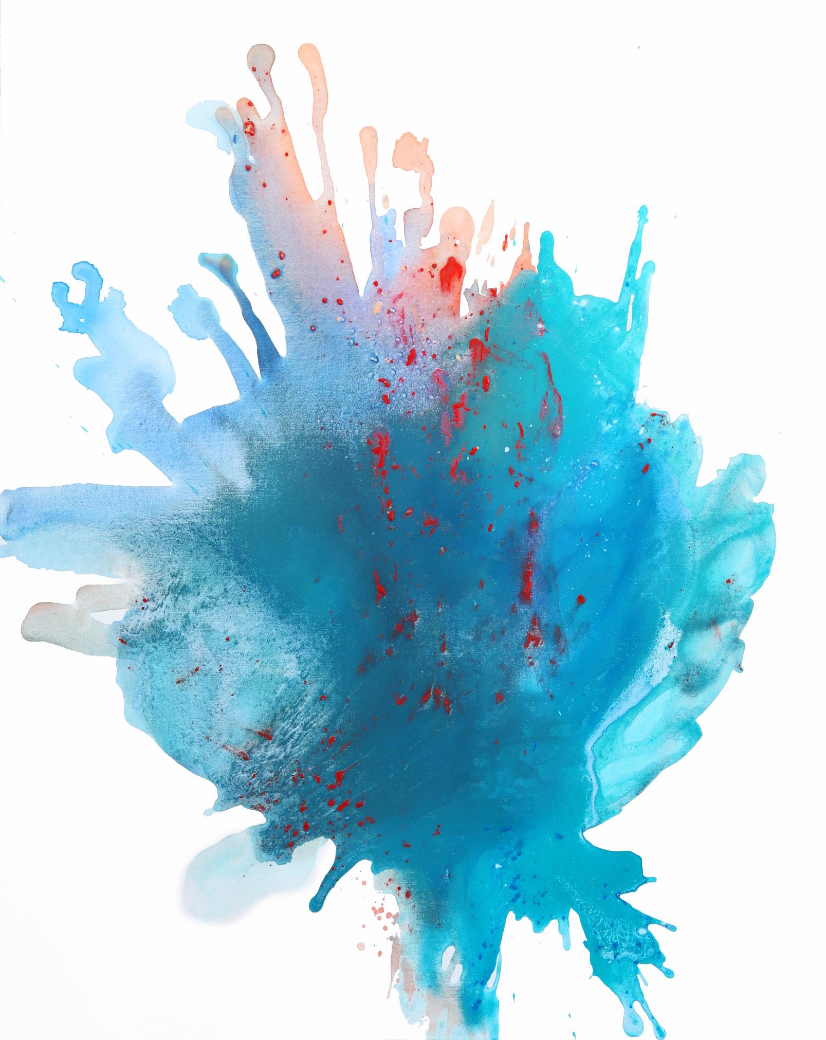 Abstract Painting di Clara Berta - Blossom - Grande paesaggio acquatico blu arancione Minimalista Splash Pittura astratta