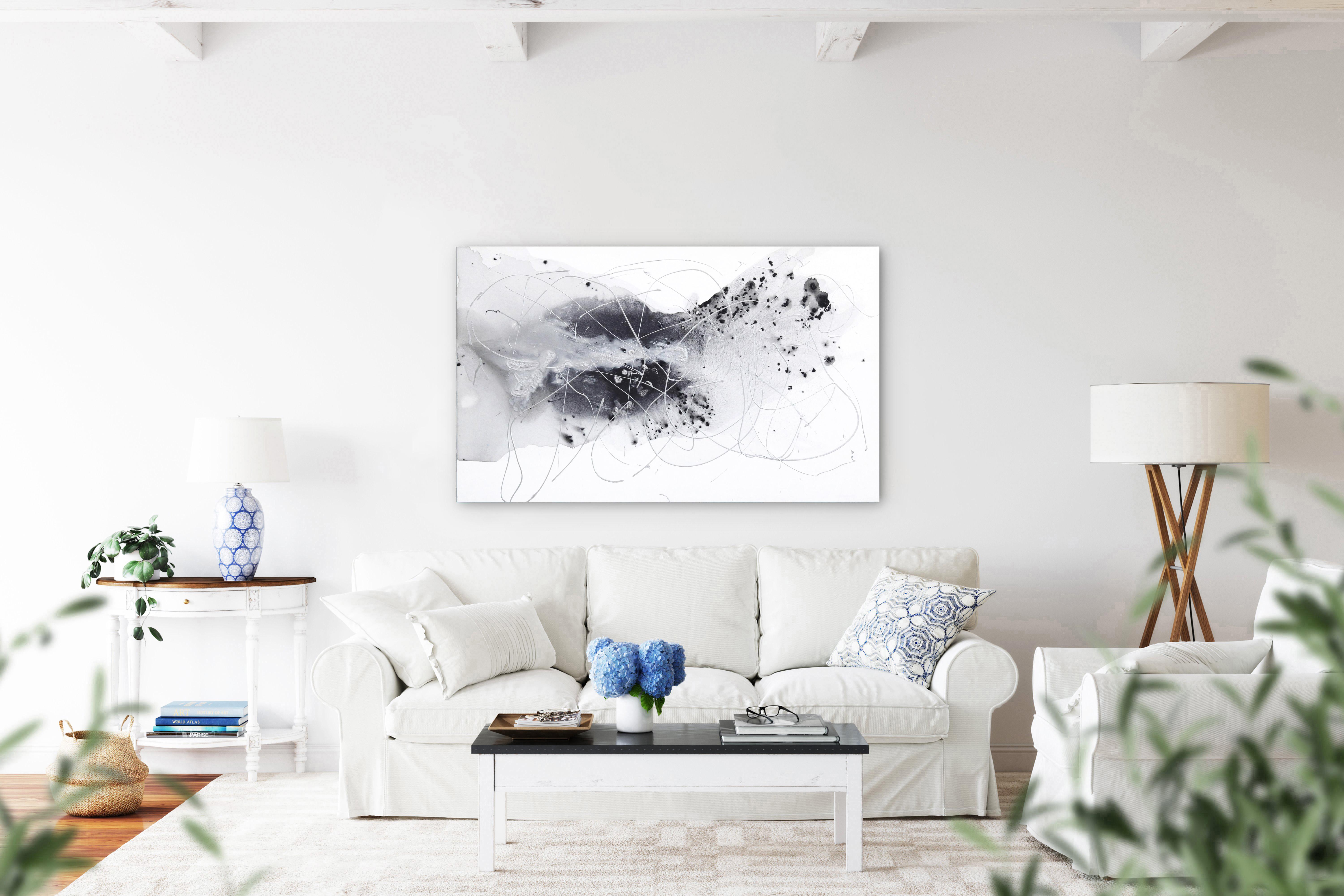 Dreamy Day II  -  Large Original Black and White Abstract Waterscape Painting For Sale 4