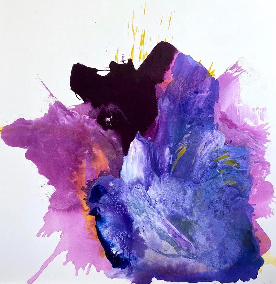 Clara Berta Abstract Painting – Glowing' Large Bold Abstraction Poured Paint Schwarz Weiß Lila Lavendel Orange