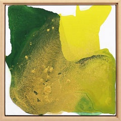 Golden Escape, œuvre d'art abstraite minimaliste originale encadrée en or jaune et vert
