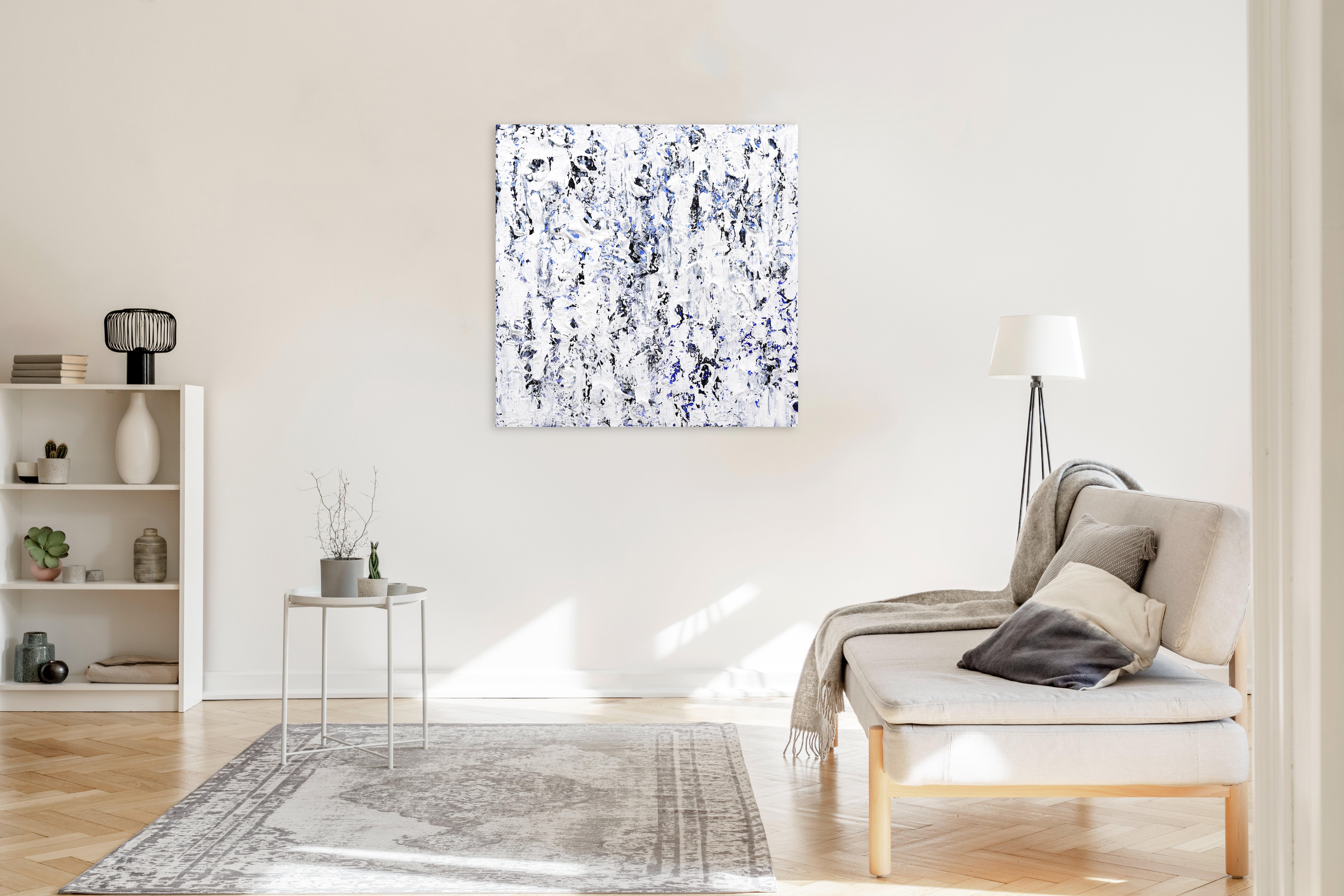Happiness on Sunday - Textured White Blue Waterfall Abstract Minimalist Painting For Sale 4