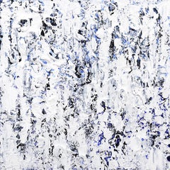 Happiness on Sunday - Texturiertes, weiß-blaues, abstraktes, minimalistisches Gemälde mit Wasserfall