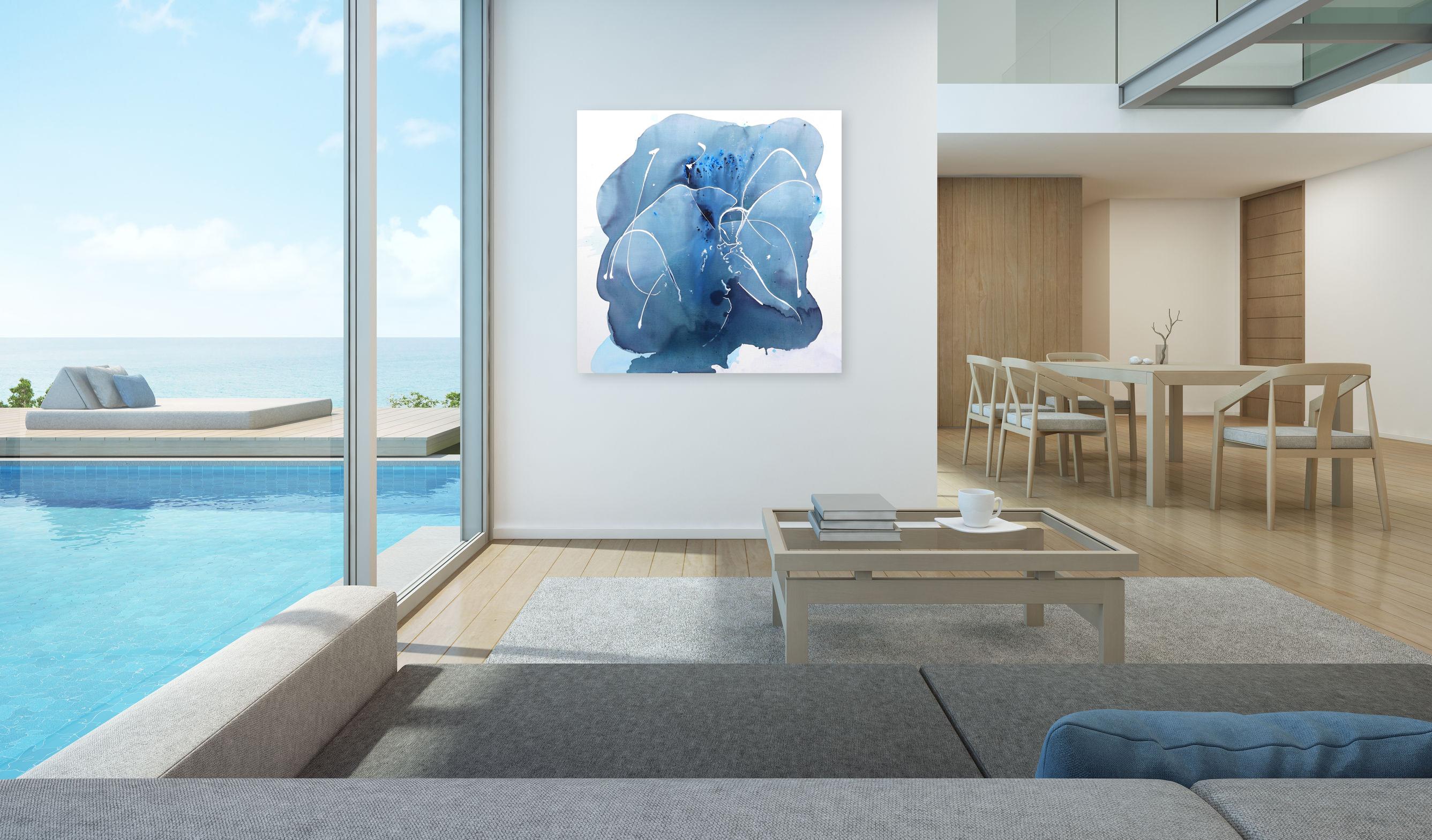In The Zone - Grande peinture abstraite contemporaine minimaliste bleue surdimensionnée en vente 1