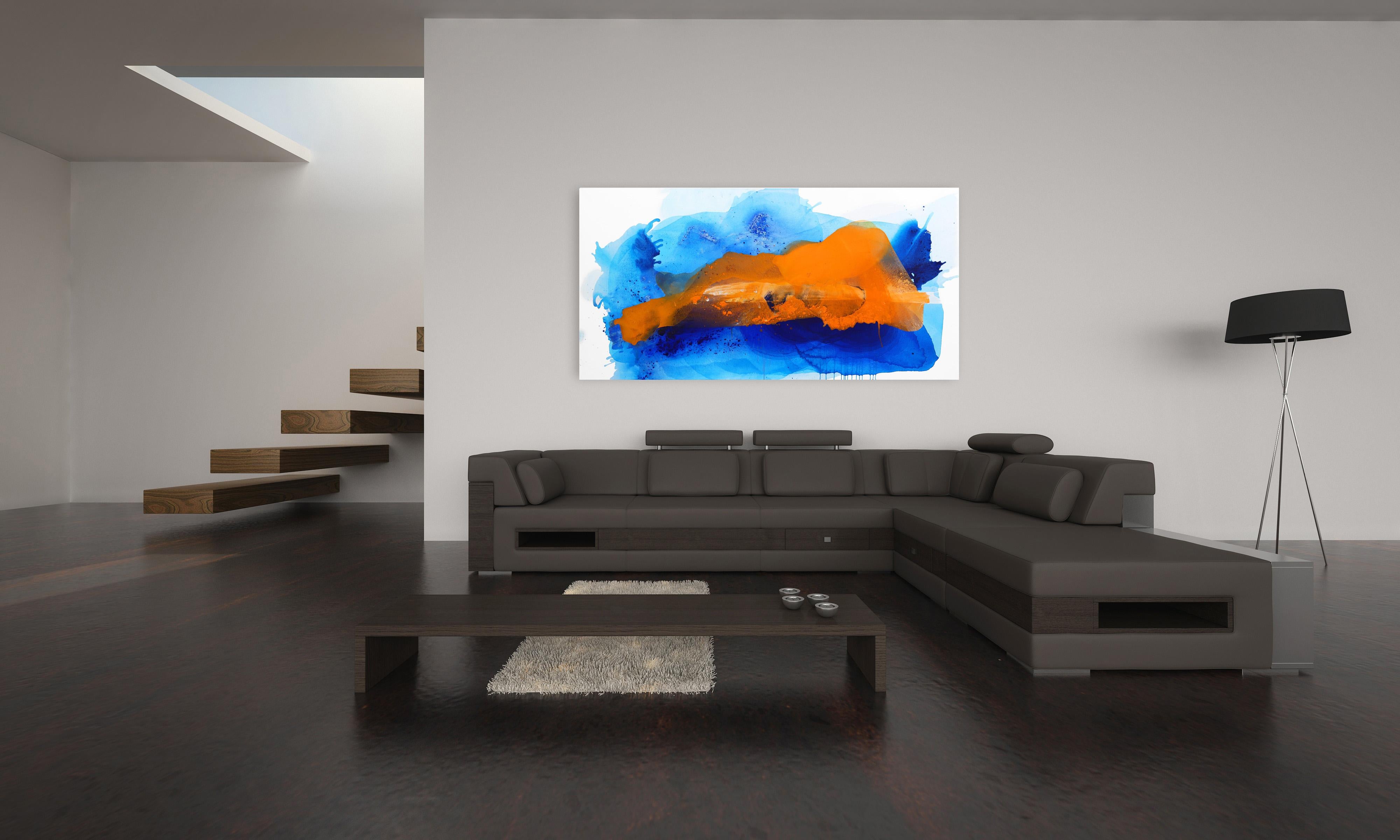 L'île dans le ciel  -  Grande peinture abstraite de l'océan bleu et du coucher de soleil orange en vente 1