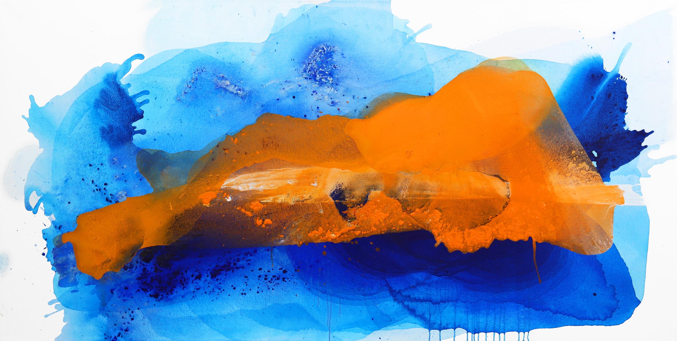 Abstract Painting Clara Berta - L'île dans le ciel  -  Grande peinture abstraite de l'océan bleu et du coucher de soleil orange