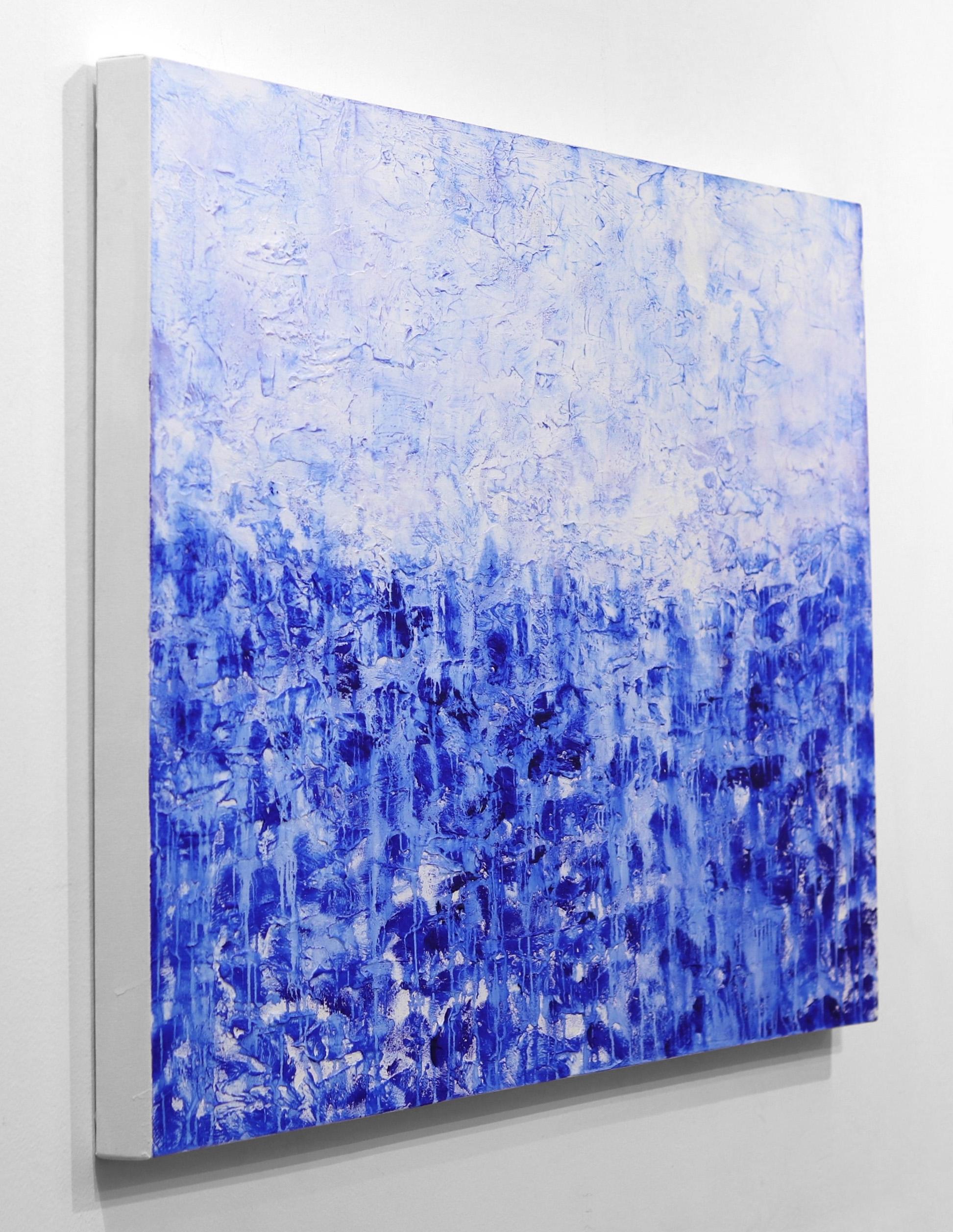 Grande peinture abstraite d'un paysage océanique, bleu et blanc texturé en vente 1
