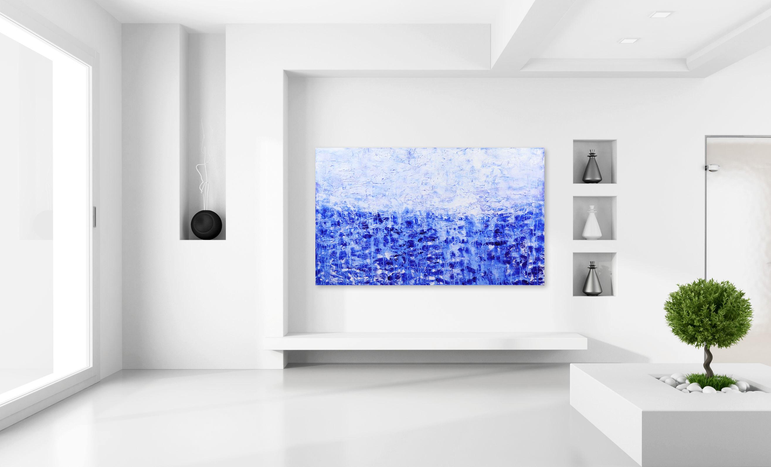 Grande peinture abstraite d'un paysage océanique, bleu et blanc texturé en vente 3