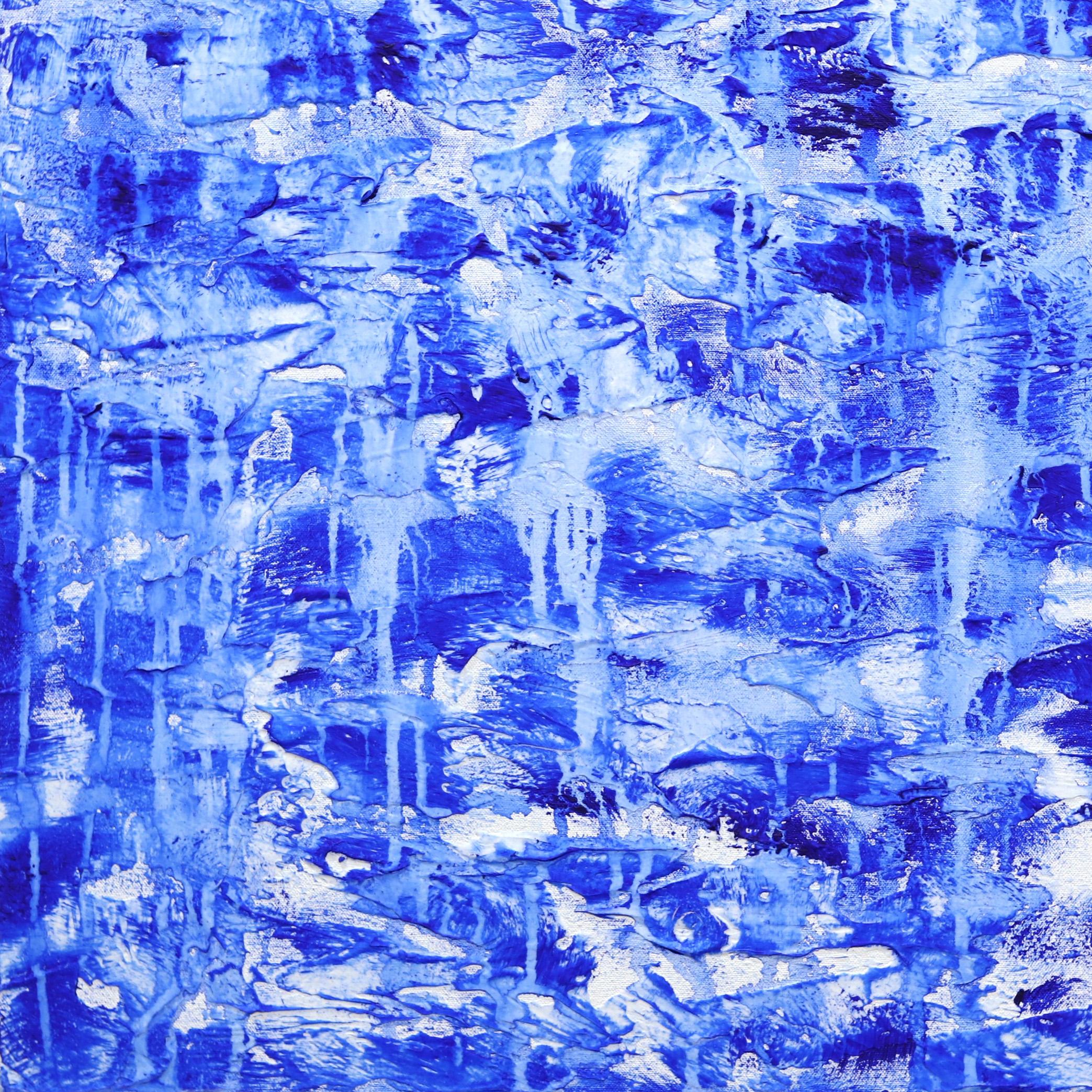 Grande peinture abstraite d'un paysage océanique, bleu et blanc texturé en vente 4