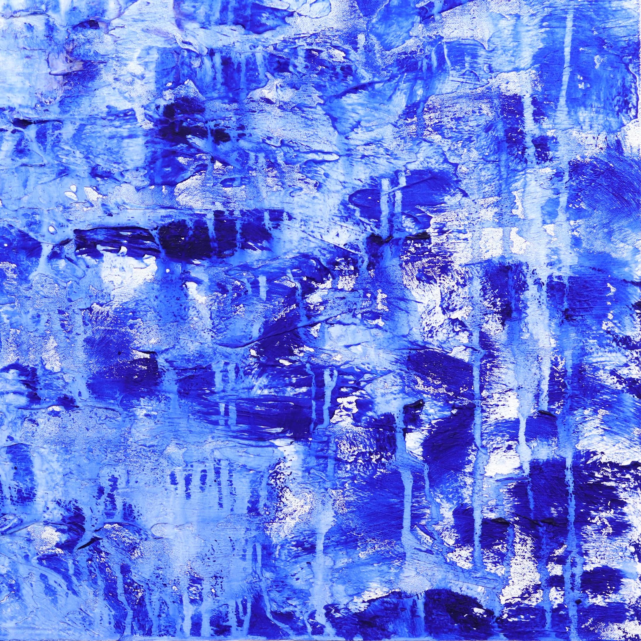Grande peinture abstraite d'un paysage océanique, bleu et blanc texturé en vente 5