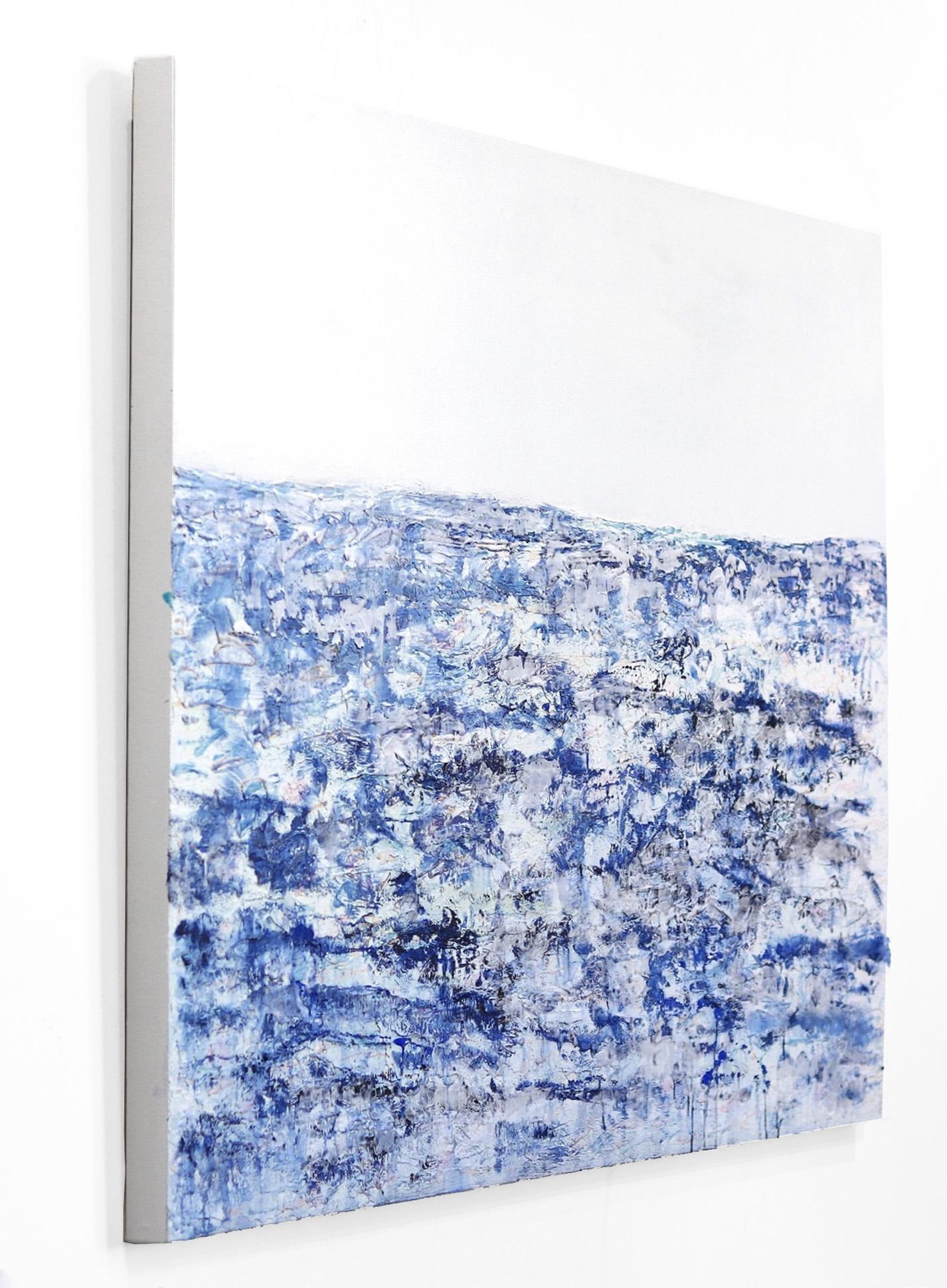 Pelican Bay -- Textured White Blue Waterfall Abstract Minimalist Painting - Purple Abstract Painting by Clara Berta