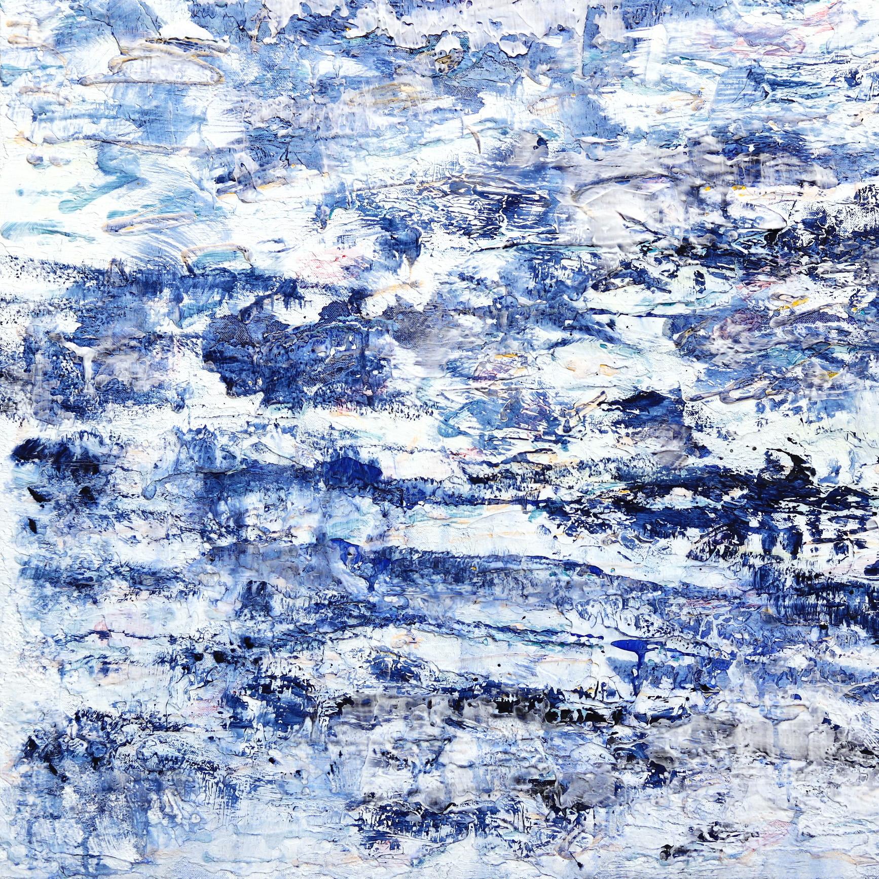 Pelican Bay -- Textured White Blue Waterfall Abstract Minimalist Painting For Sale 2