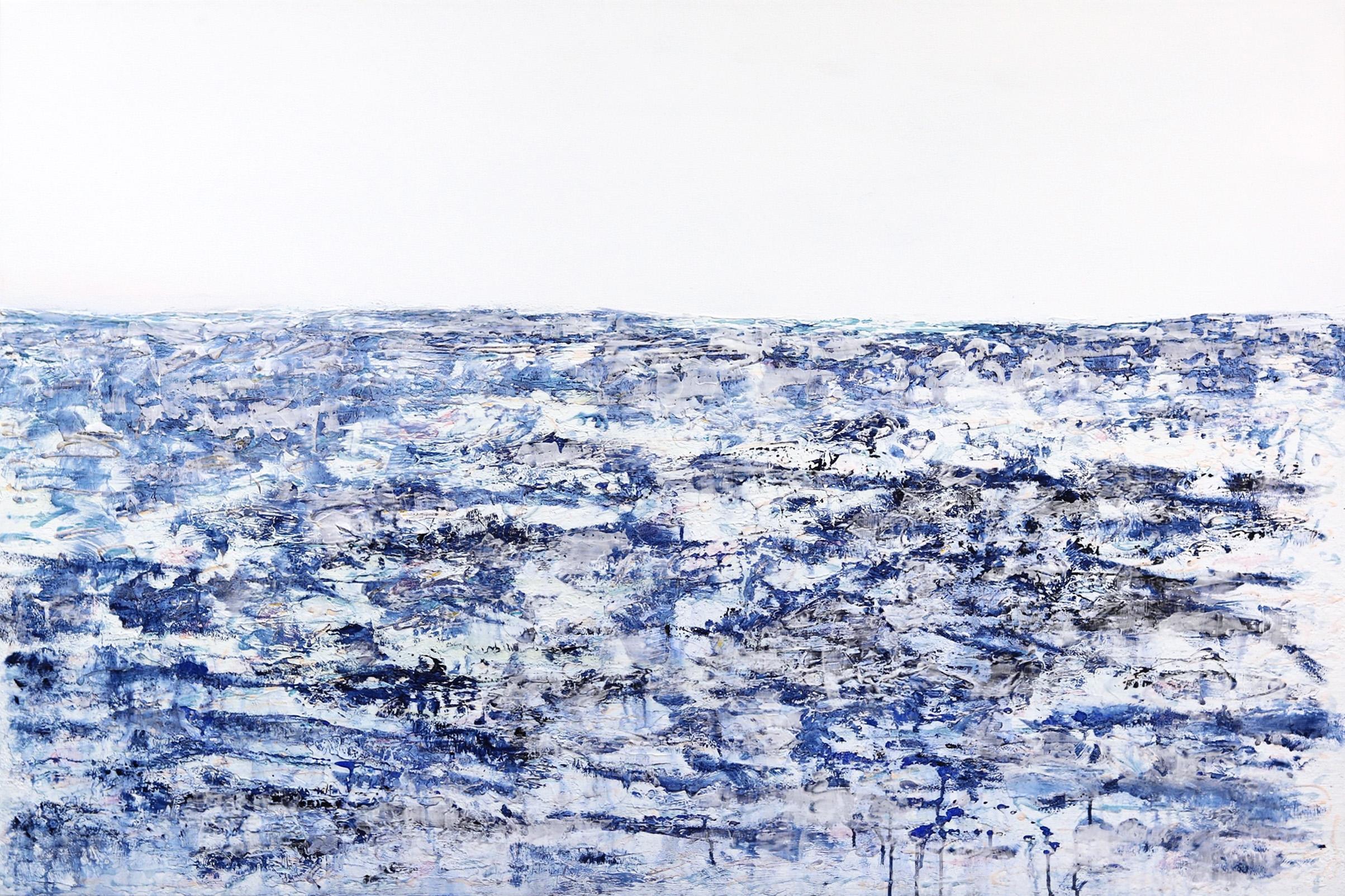 Pelikan Bay -- Texturiertes, weiß-blaues, abstraktes, minimalistisches Gemälde mit Wasserfall