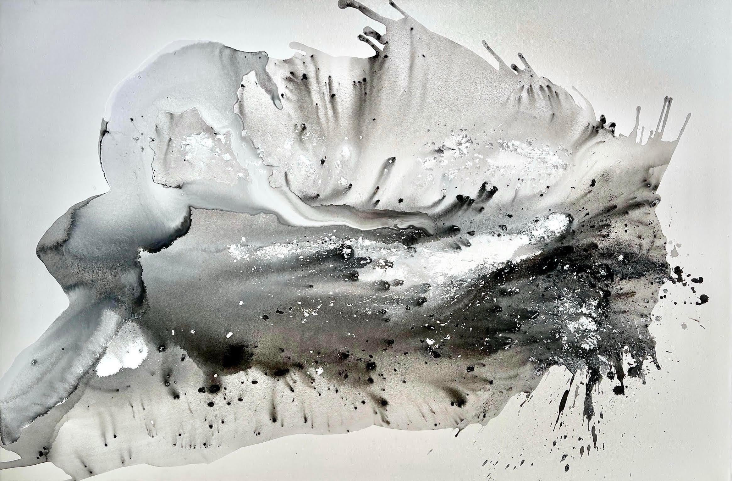 'Radiant Night' Large Black & White Bold Watery Light-Filled Poured Abstraction