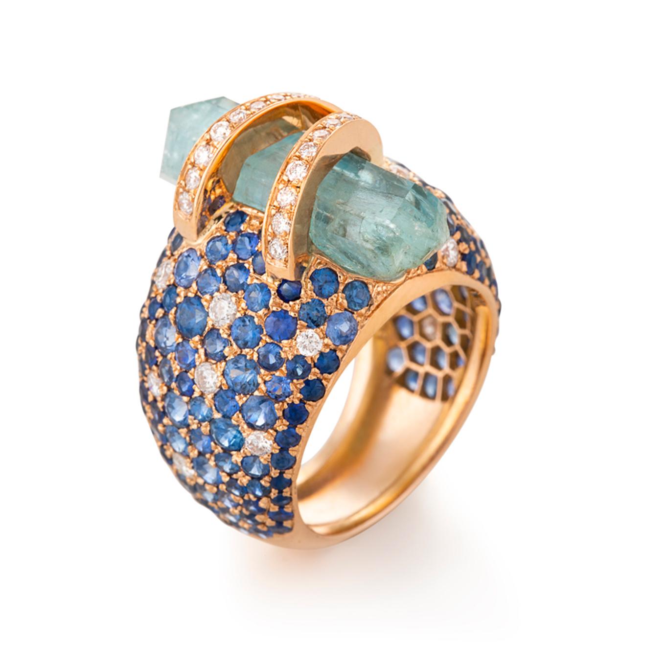 Round Cut Clara Chehab's Aquamarine, Sapphire and Diamond Bombee Ring For Sale